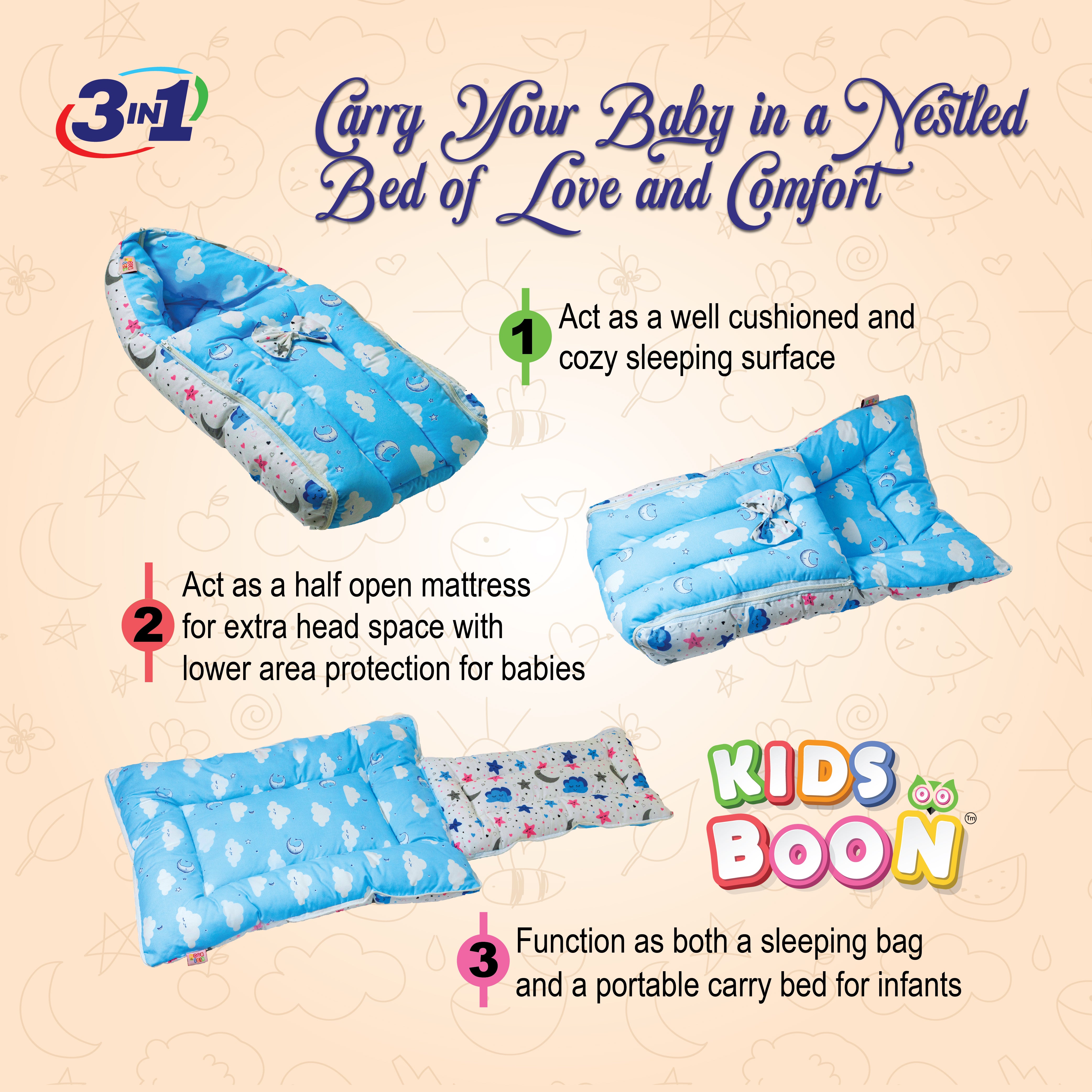 KIDS BOON 3-in-1 Portable Baby Carry Bed & Sleeping Bag | Newborn Travel Essential (Blue Cloud Print)