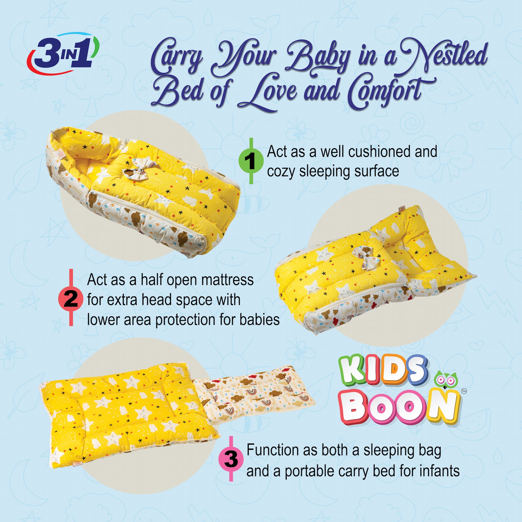 Kids Boon 3-in-1 Baby Carry Bed & Sleeping Bag | Yellow Star Print Newborn Sleeping Essential