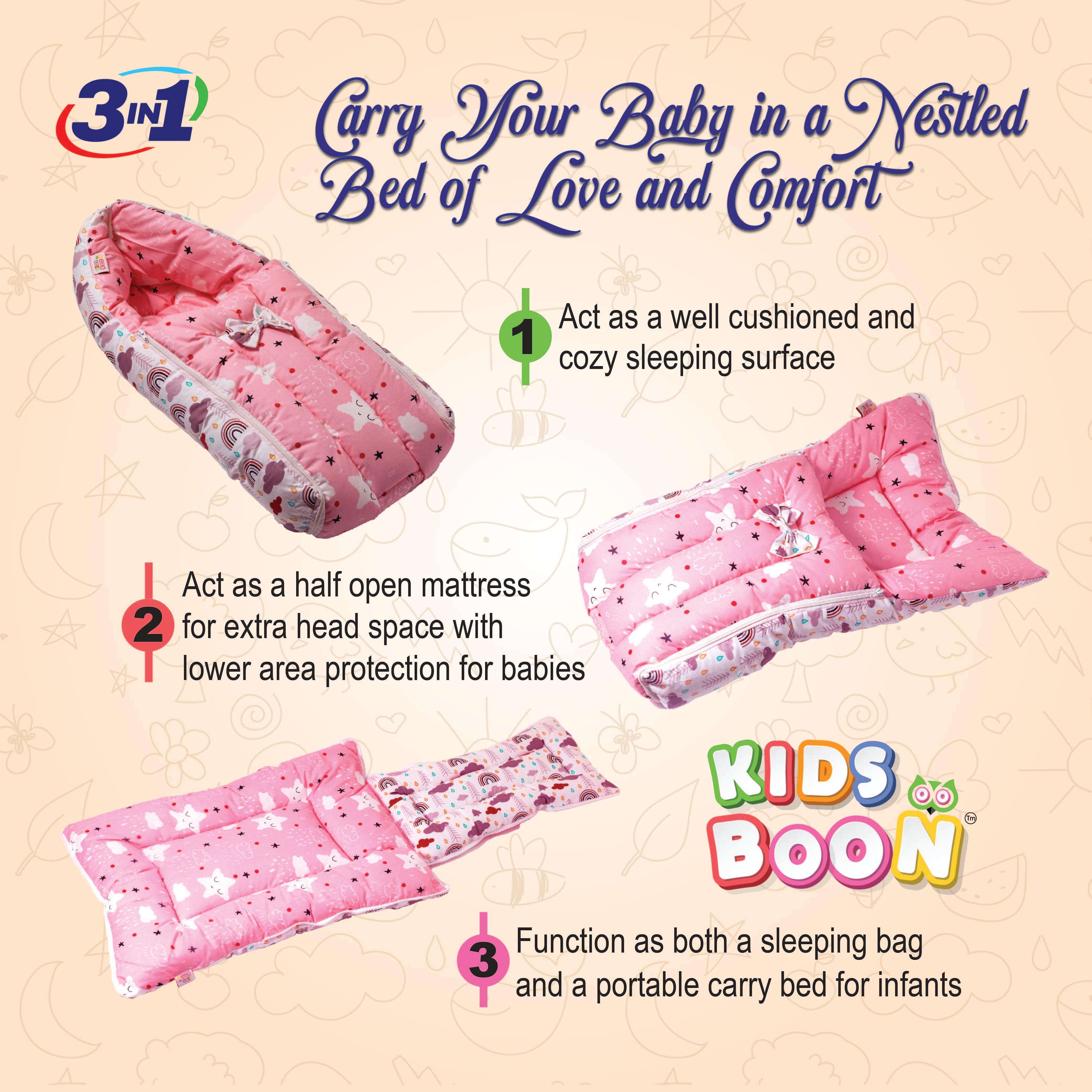 Kids Boon 3-in-1 Baby Carry Bed & Sleeping Bag - Soft Pink Newborn Travel Nest