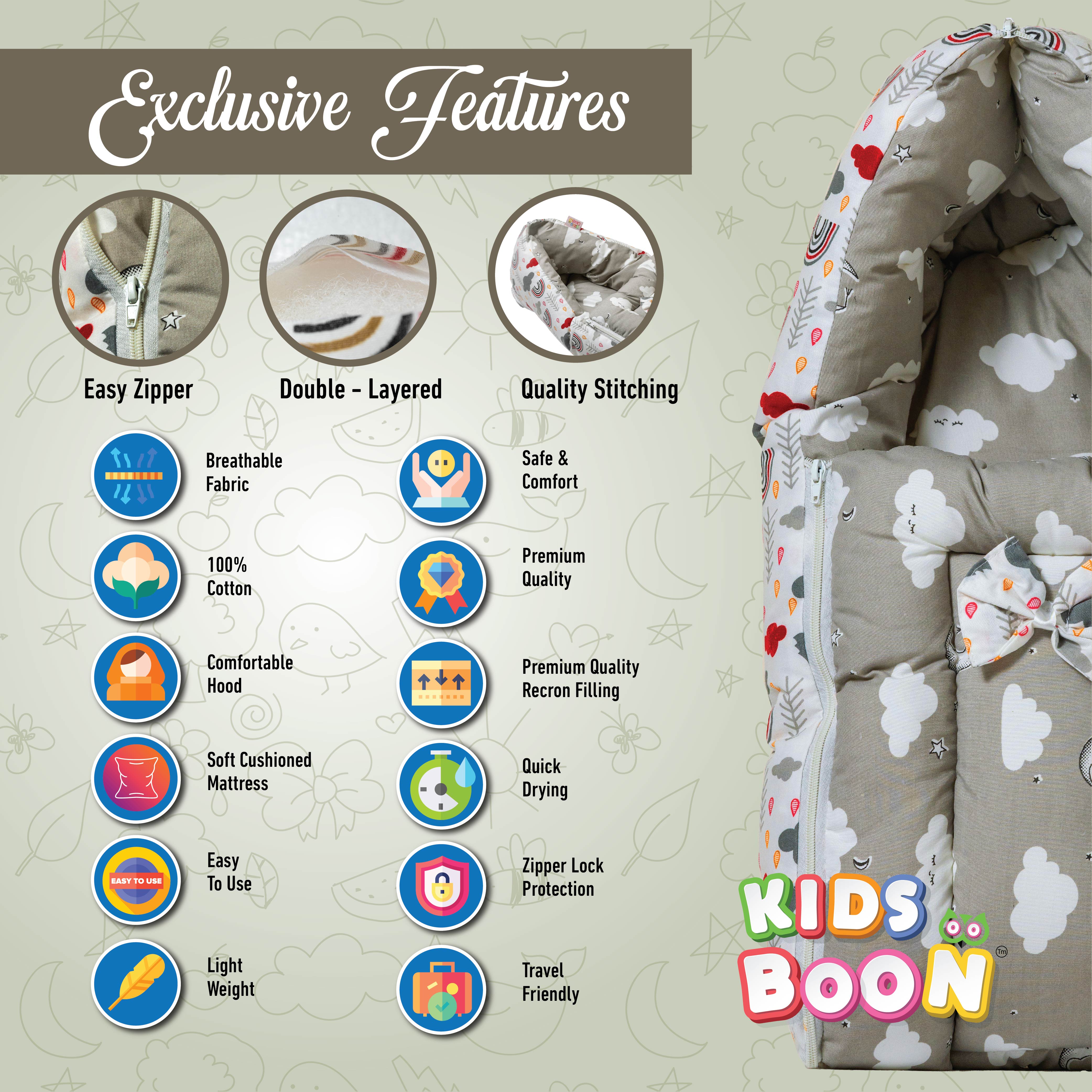 Kids Boon 3-in-1 Premium Baby Carry Bed & Sleeping Nest - Grey Cloud Print