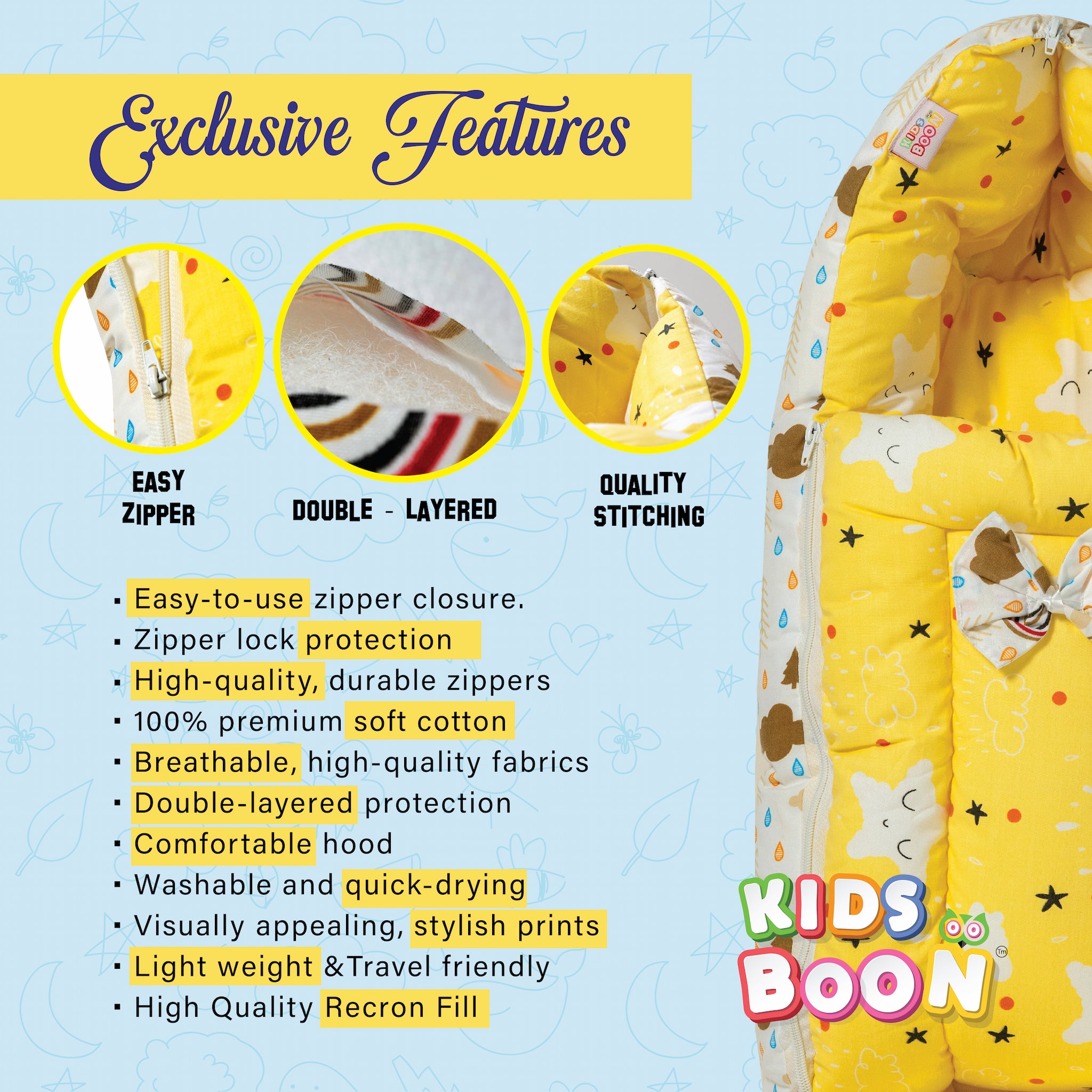 Kids Boon 3-in-1 Baby Carry Bed & Sleeping Bag | Yellow Star Print Newborn Sleeping Essential