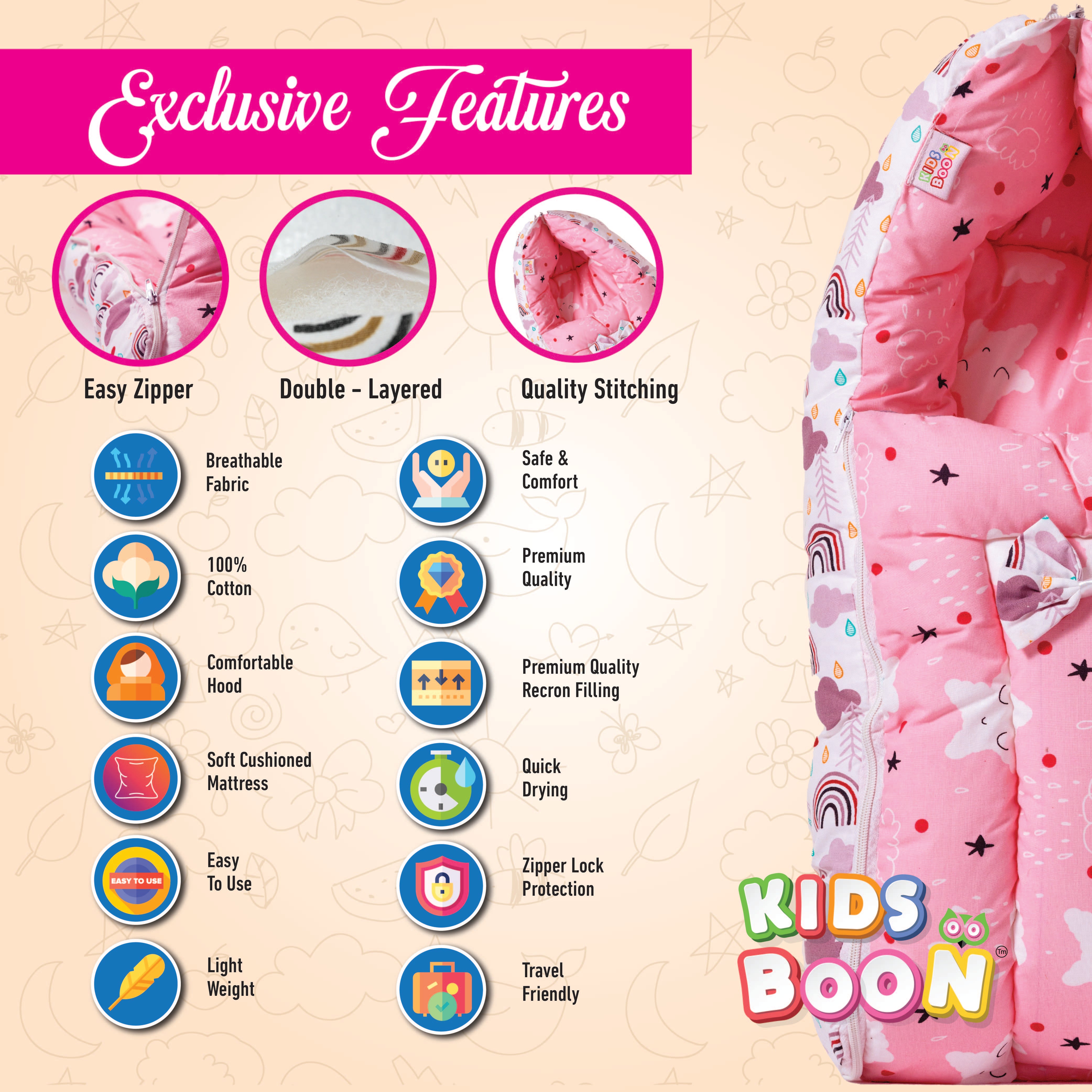 Kids Boon 3-in-1 Baby Carry Bed & Sleeping Bag - Soft Pink Newborn Travel Nest