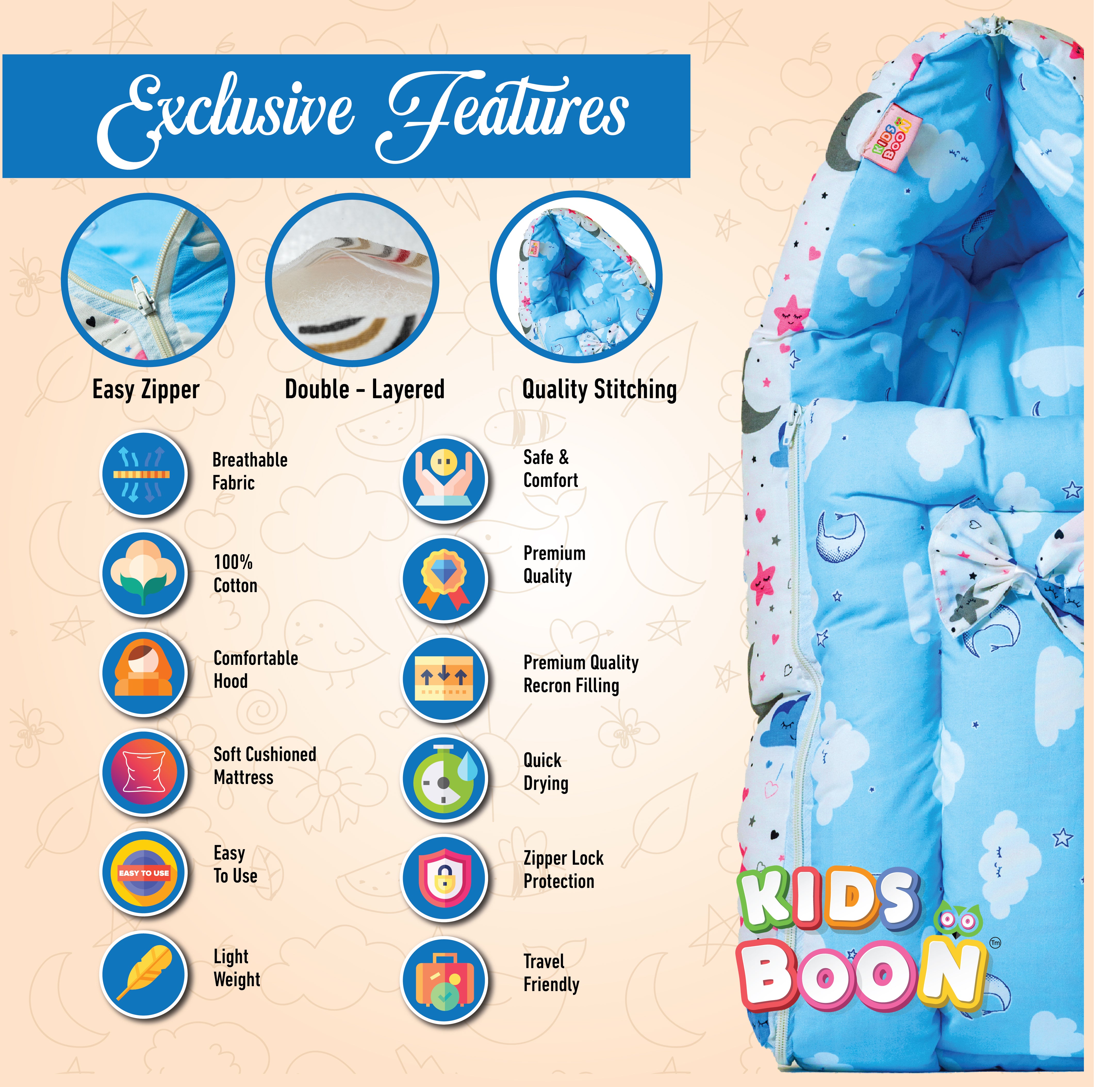 KIDS BOON 3-in-1 Portable Baby Carry Bed & Sleeping Bag | Newborn Travel Essential (Blue Cloud Print)