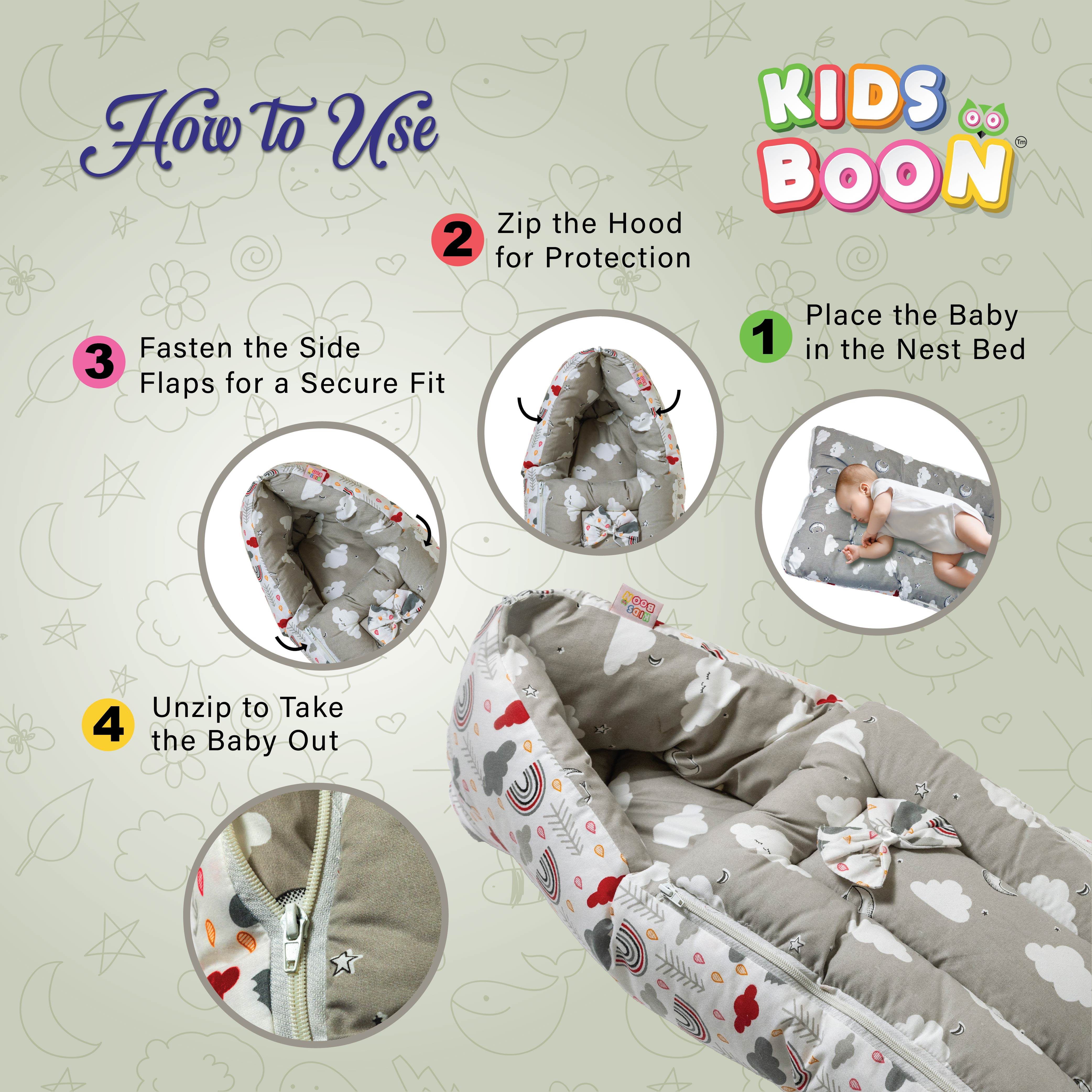 Kids Boon 3-in-1 Premium Baby Carry Bed & Sleeping Nest - Grey Cloud Print