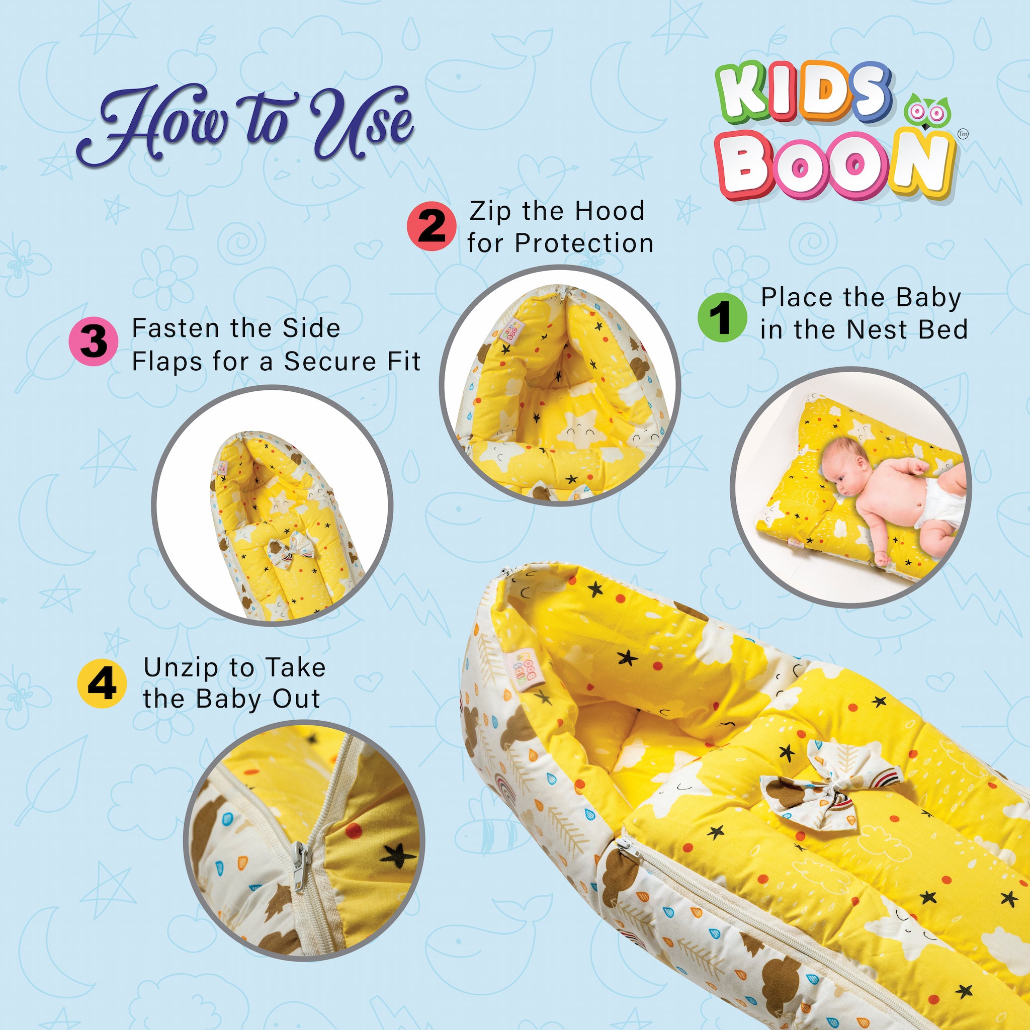 Kids Boon 3-in-1 Baby Carry Bed & Sleeping Bag | Yellow Star Print Newborn Sleeping Essential