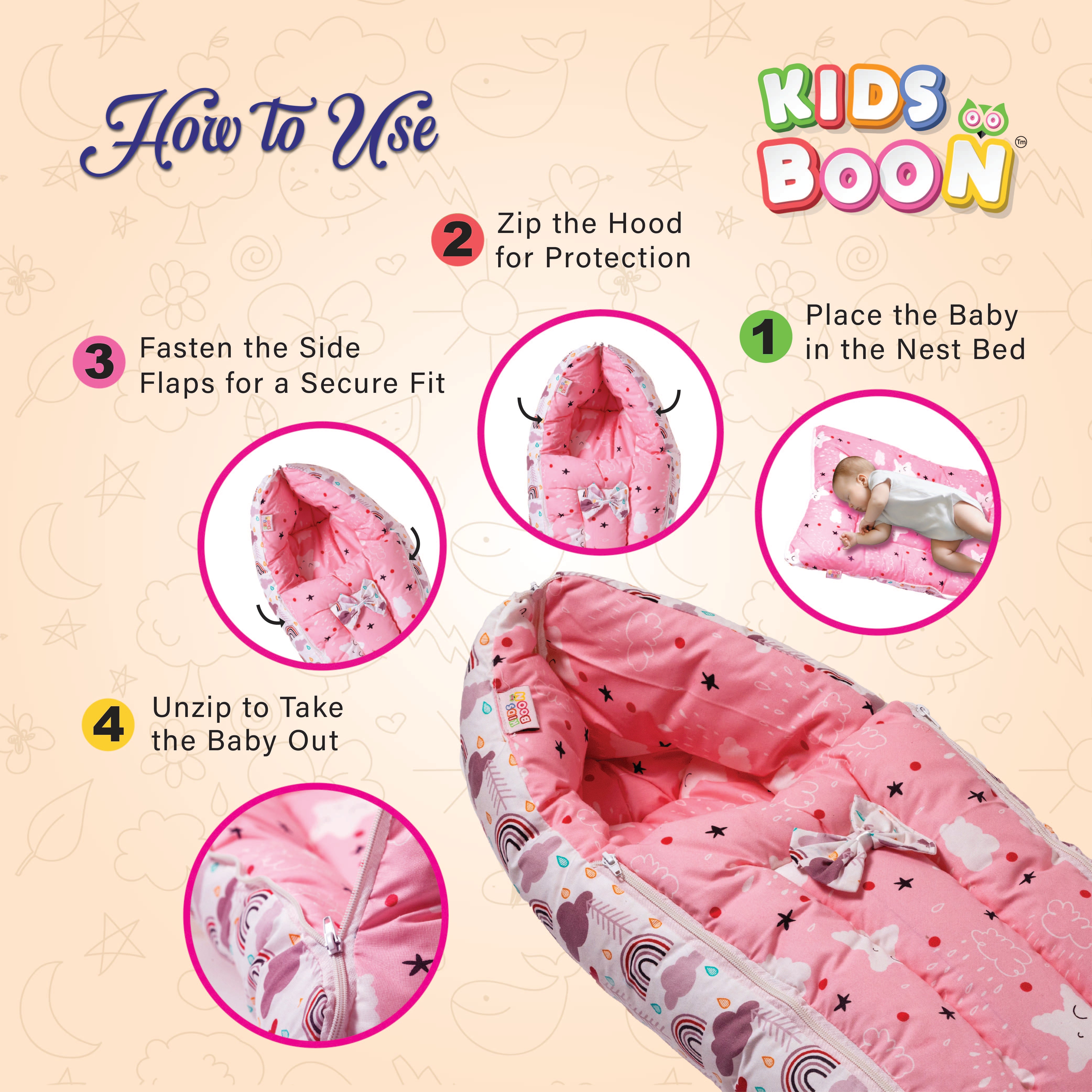 Kids Boon 3-in-1 Baby Carry Bed & Sleeping Bag - Soft Pink Newborn Travel Nest