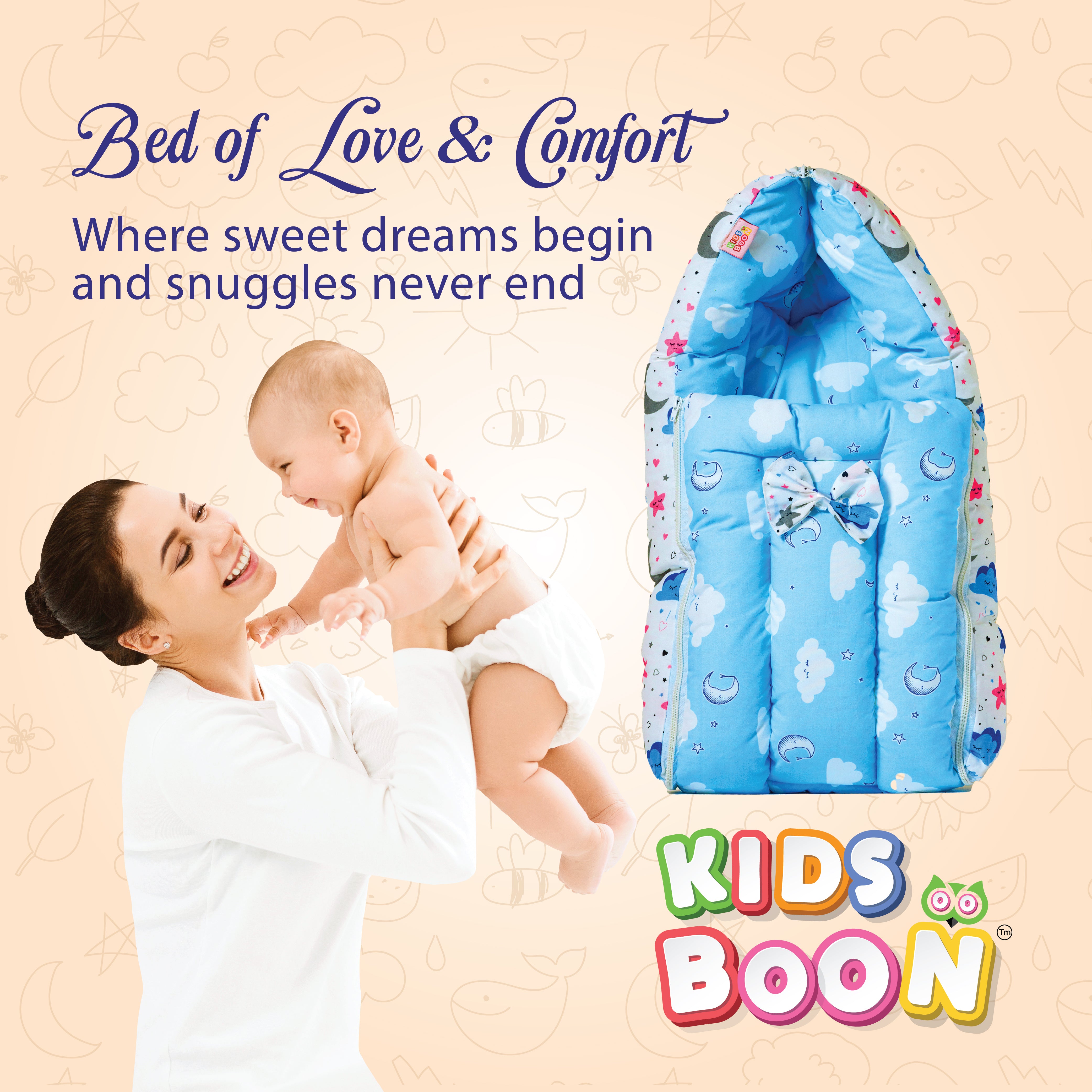 KIDS BOON 3-in-1 Portable Baby Carry Bed & Sleeping Bag | Newborn Travel Essential (Blue Cloud Print)