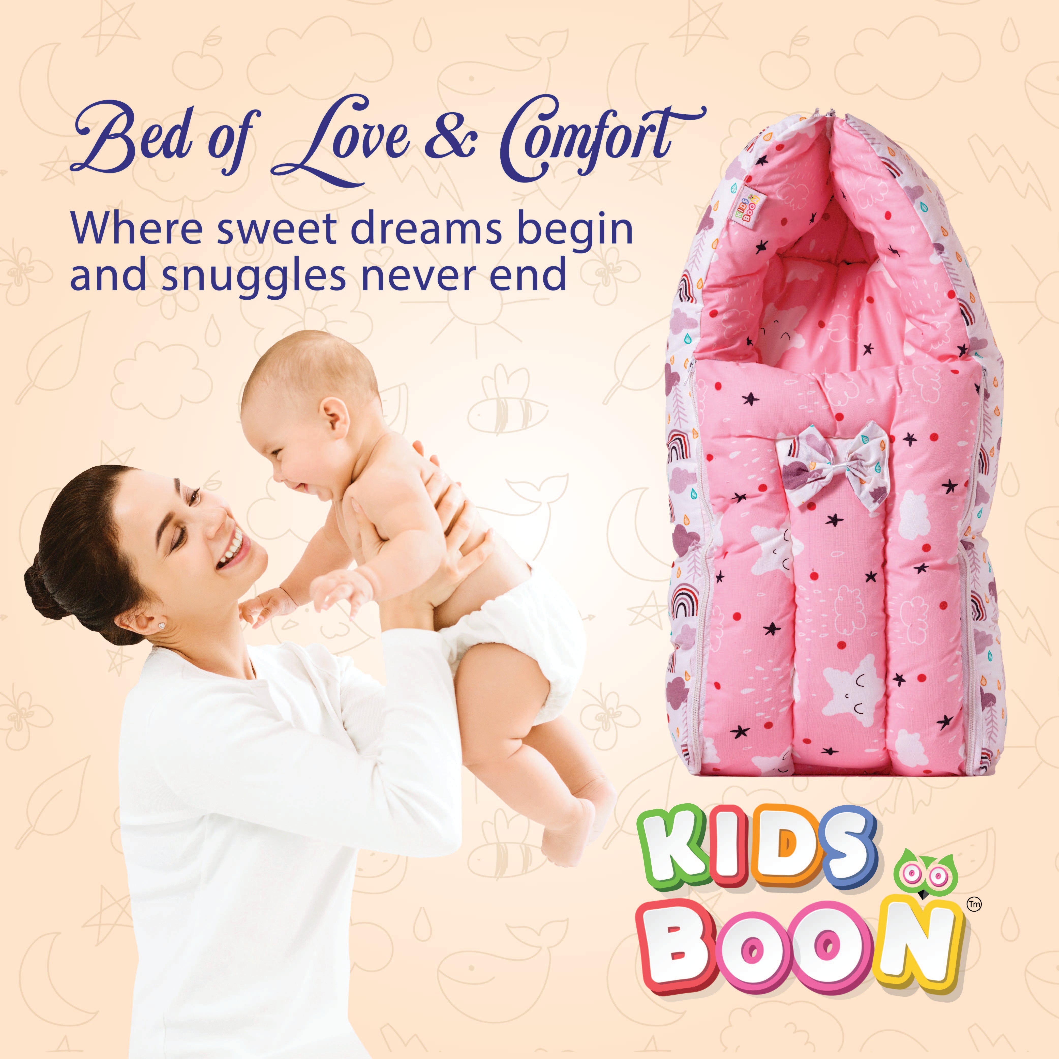 Kids Boon 3-in-1 Baby Carry Bed & Sleeping Bag - Soft Pink Newborn Travel Nest