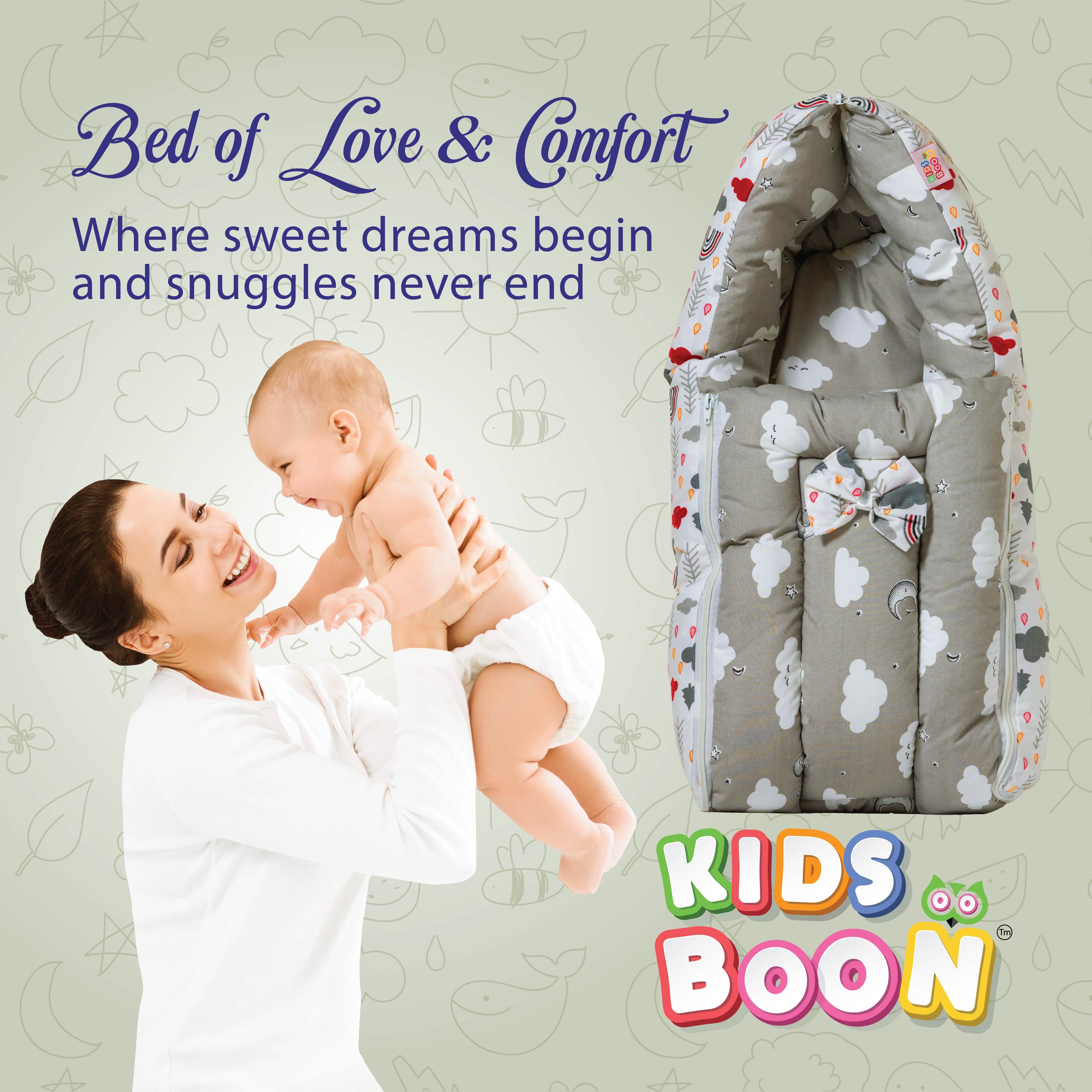 Kids Boon 3-in-1 Premium Baby Carry Bed & Sleeping Nest - Grey Cloud Print