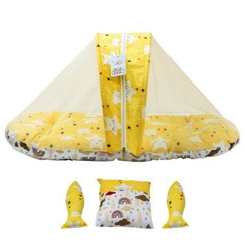 Kids Boon Premium Baby Mosquito Net Bed | 100% Cotton Foldable Infant Sleeping Mattress with Pillow & Bolsters