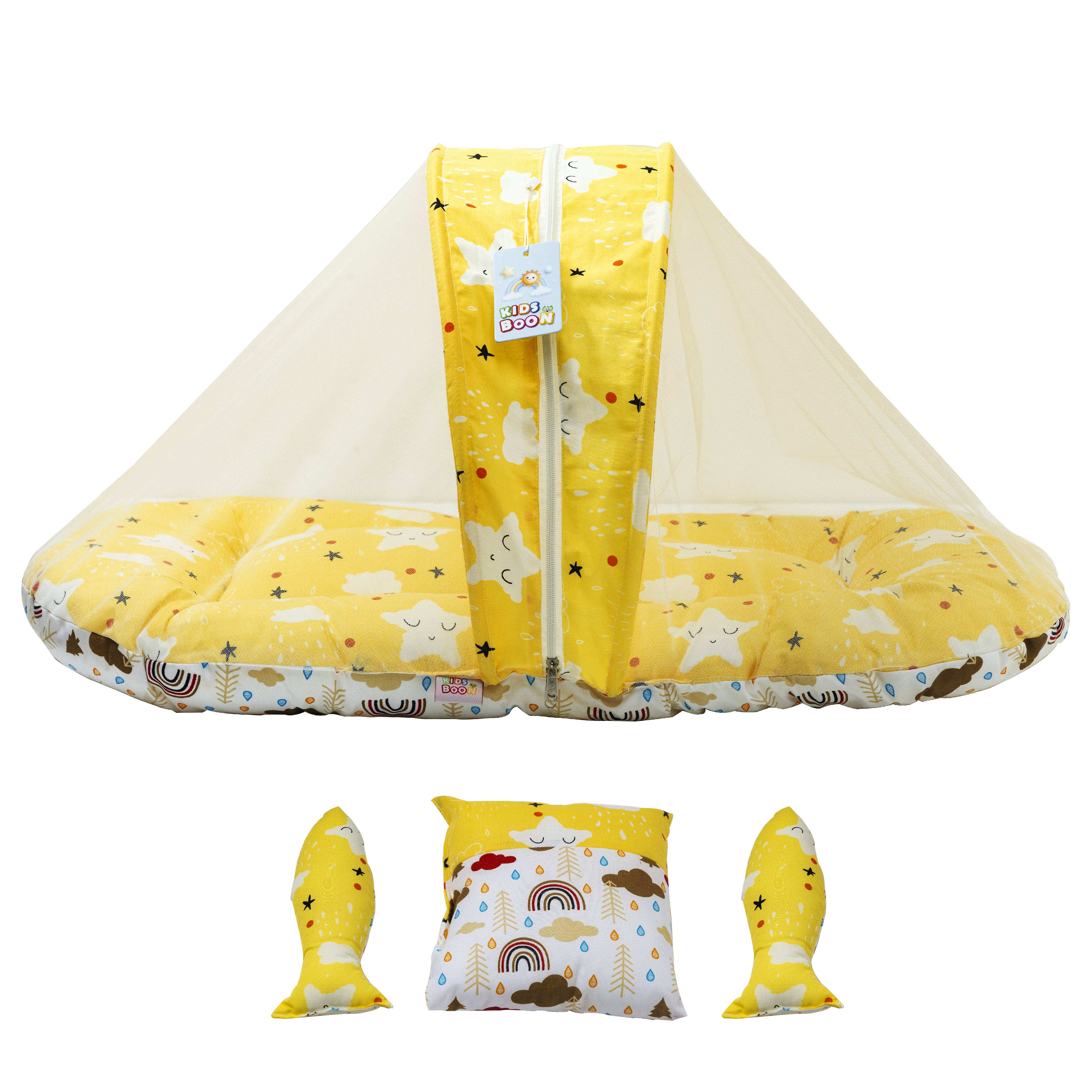 Kids Boon Premium Baby Mosquito Net Bed | 100% Cotton Foldable Infant Sleeping Mattress with Pillow & Bolsters