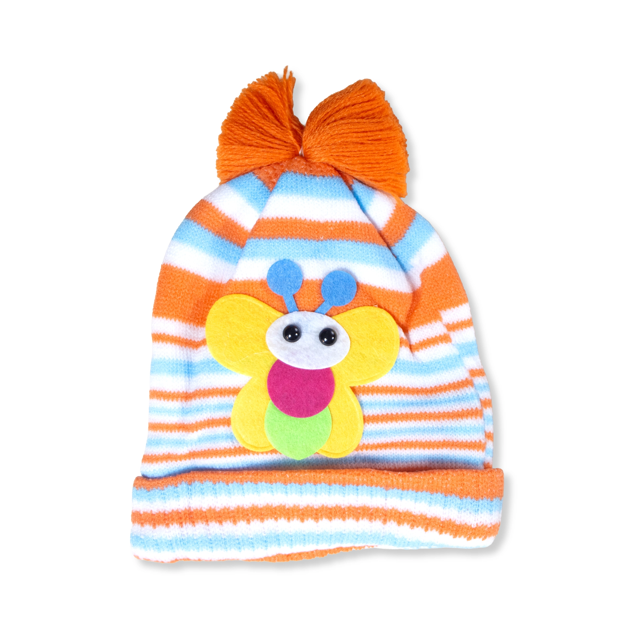 Kids Cute Striped Knitted Beanie Hat with Butterfly Motif – Warm Winter Cap for Infants & Toddlers