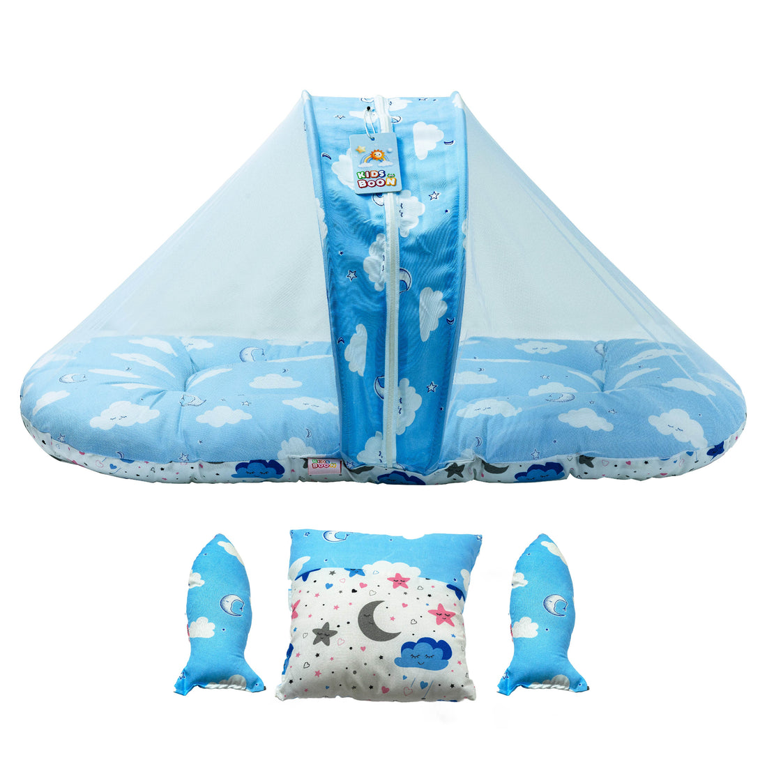 Premium Portable Baby Bed with Mosquito Net & Pillows | Foldable Infant Mattress | Blue Cloud Design