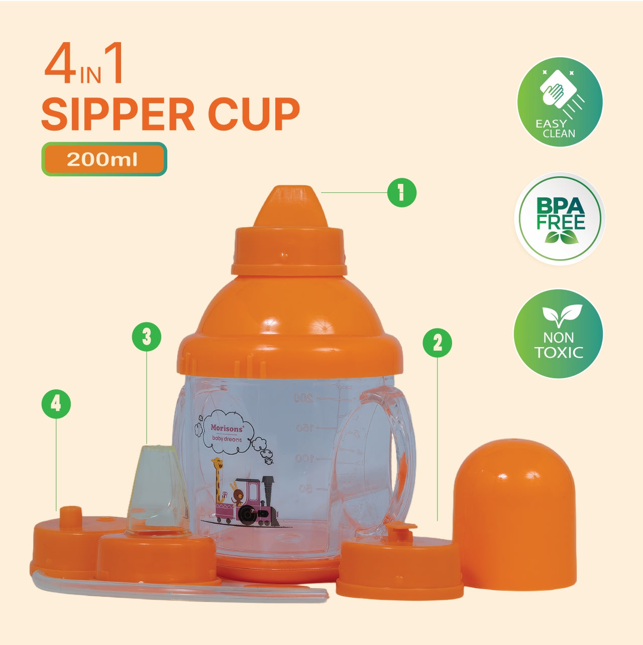 Morisons Baby Dreams 4-in-1 Transition Sipper Cup | 200ml - BPA-Free, Non-Toxic, & Easy Clean