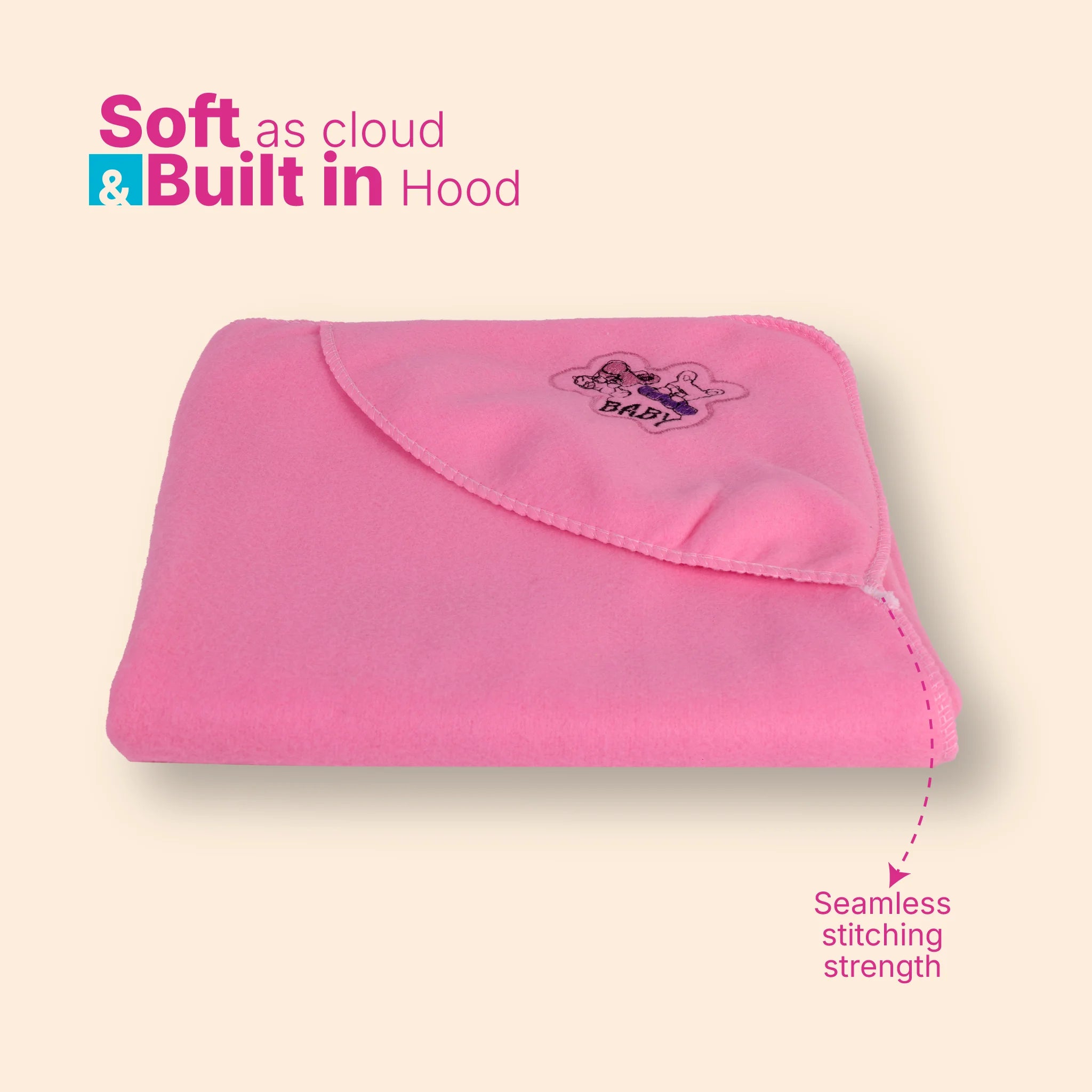 Soft Woolen Baby Hooded Blanket with Cute Embroidery (80x65cm)