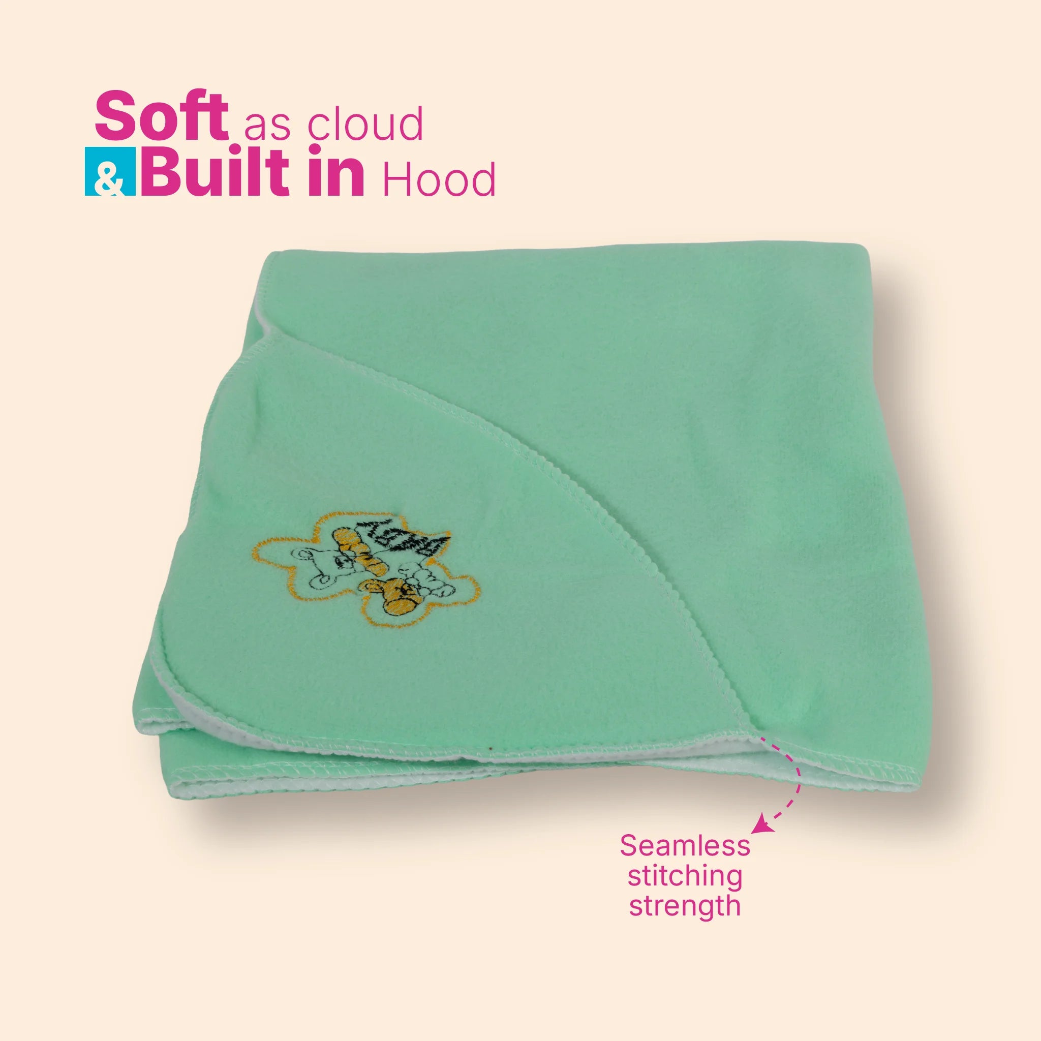 Soft Woolen Baby Hooded Blanket with Cute Embroidery (80x65cm)
