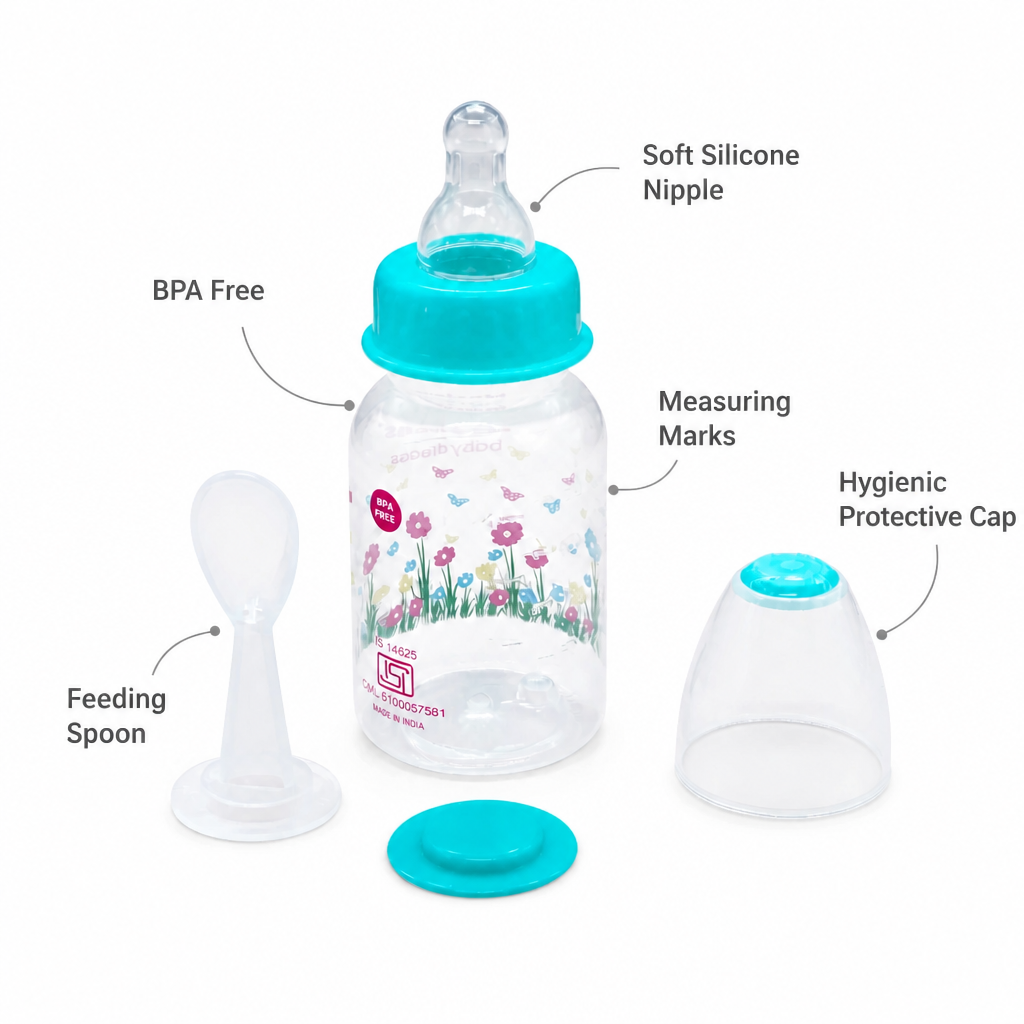 Kids Boon 2-in-1 Baby Feeding Bottle & Silicone Spoon Feeder – BPA Free, Turquoise Floral