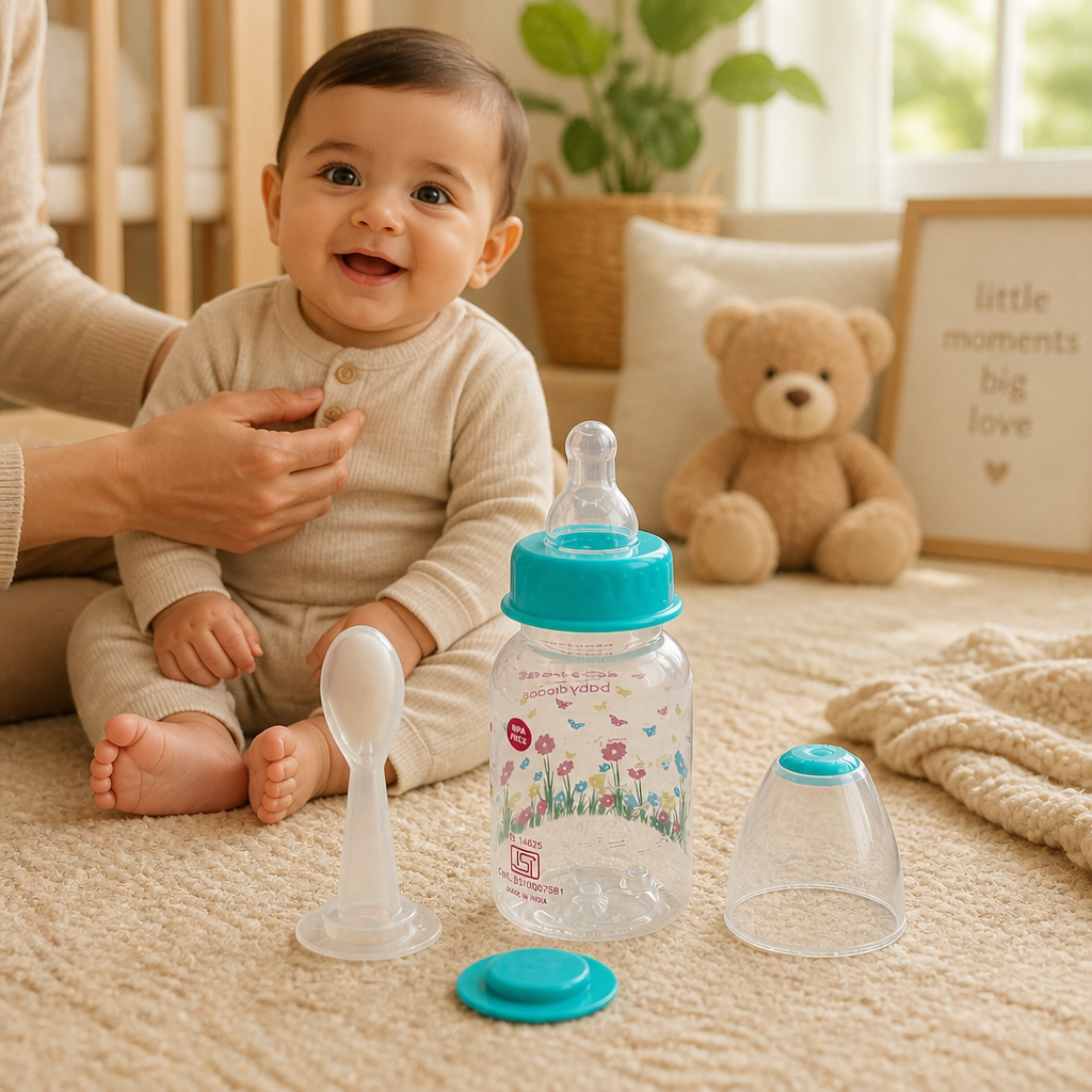 Kids Boon 2-in-1 Baby Feeding Bottle & Silicone Spoon Feeder – BPA Free, Turquoise Floral