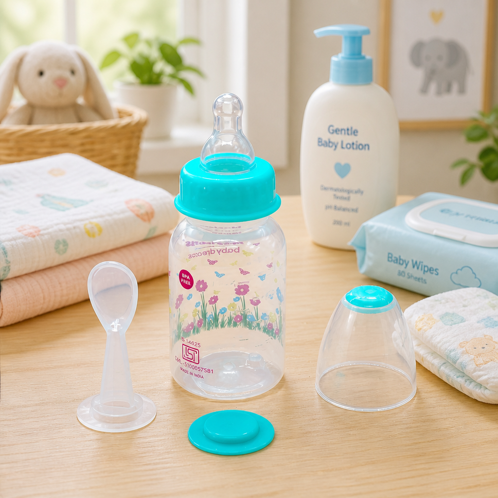 Kids Boon 2-in-1 Baby Feeding Bottle & Silicone Spoon Feeder – BPA Free, Turquoise Floral