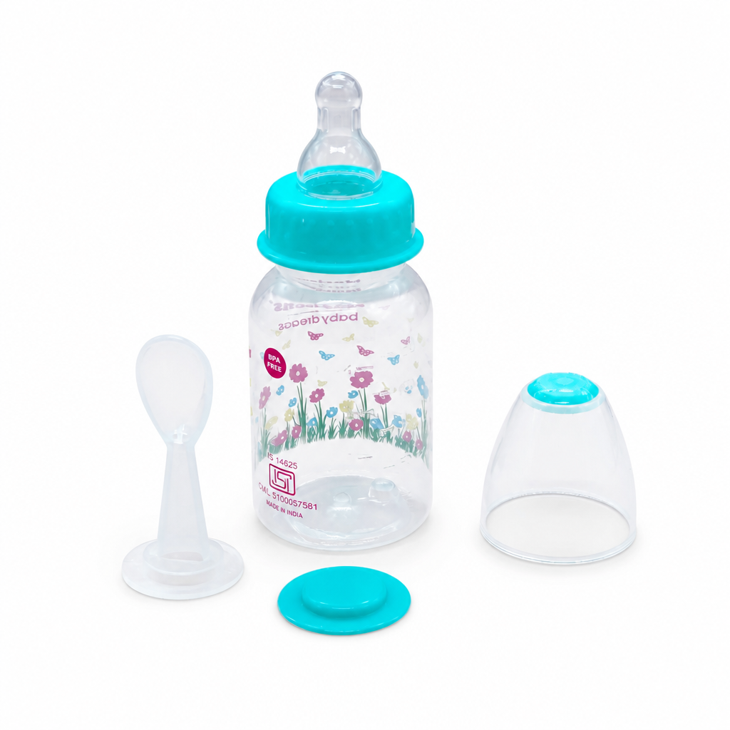 Kids Boon 2-in-1 Baby Feeding Bottle & Silicone Spoon Feeder – BPA Free, Turquoise Floral