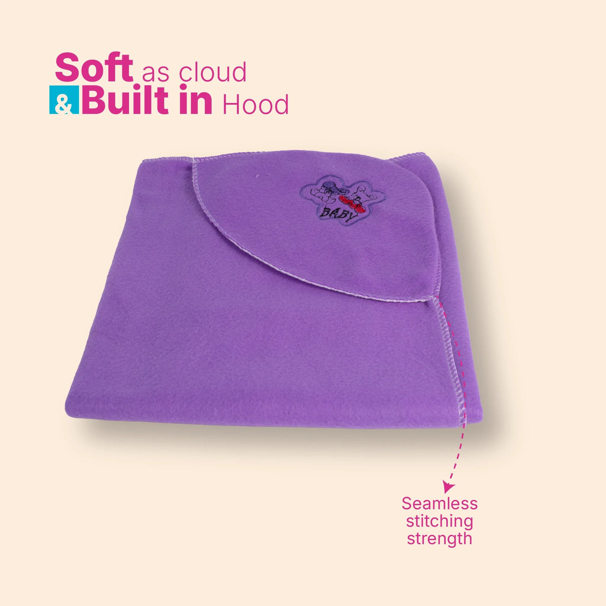 Soft Woolen Baby Hooded Blanket with Cute Embroidery (80x65cm)