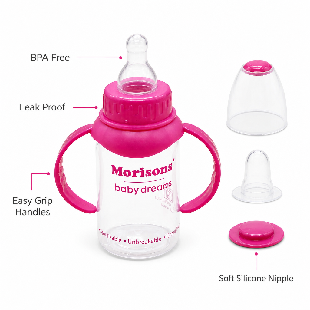 Morisons Baby Dreams Easy-Grip Unbreakable Baby Feeding Bottle with Handles - Sterilizable & Odour Free (Pink)