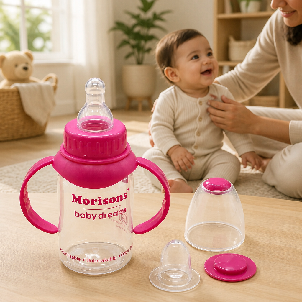 Morisons Baby Dreams Easy-Grip Unbreakable Baby Feeding Bottle with Handles - Sterilizable & Odour Free (Pink)