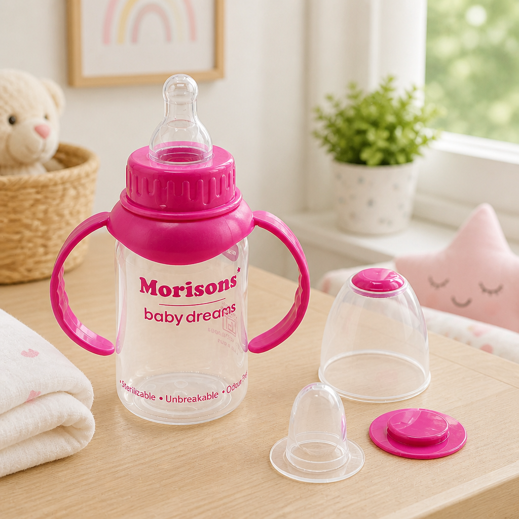 Morisons Baby Dreams Easy-Grip Unbreakable Baby Feeding Bottle with Handles - Sterilizable & Odour Free (Pink)