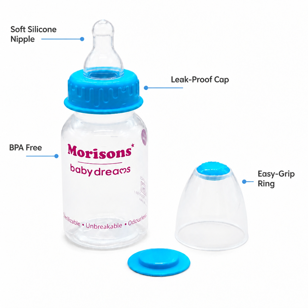 Morisons Baby Dreams Unbreakable Baby Feeding Bottle - Sterilizable, Odourless & Travel-Safe (Blue)