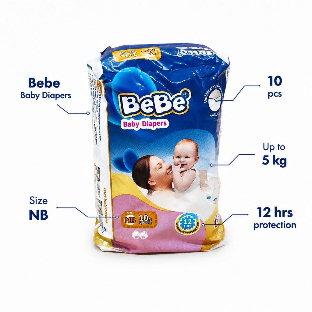 BeBe Newborn Baby Diapers (Size NB) - Up to 5kg | 12-Hour Protection & Navel Care | 10 Pack