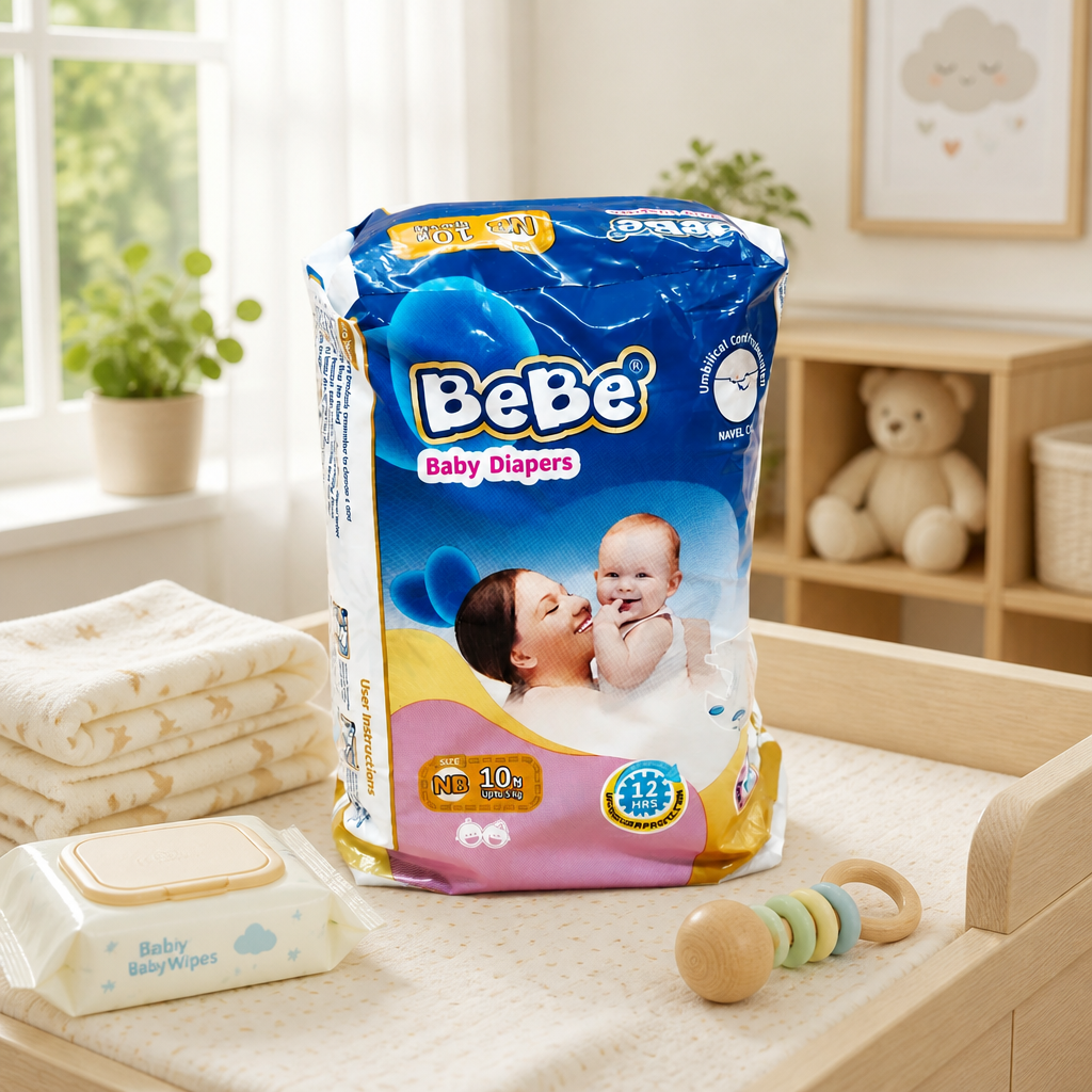 BeBe Newborn Baby Diapers (Size NB) - Up to 5kg | 12-Hour Protection & Navel Care | 10 Pack