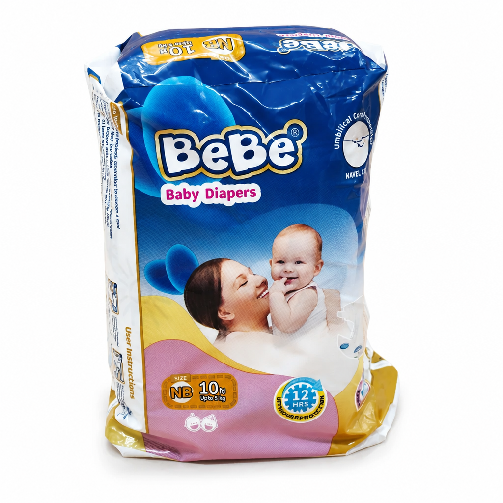 BeBe Newborn Baby Diapers (Size NB) - Up to 5kg | 12-Hour Protection & Navel Care | 10 Pack