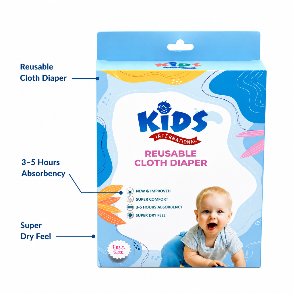 Kids International Reusable Cloth Diaper | Free Size, Washable & Super Absorbent Nappy for Babies
