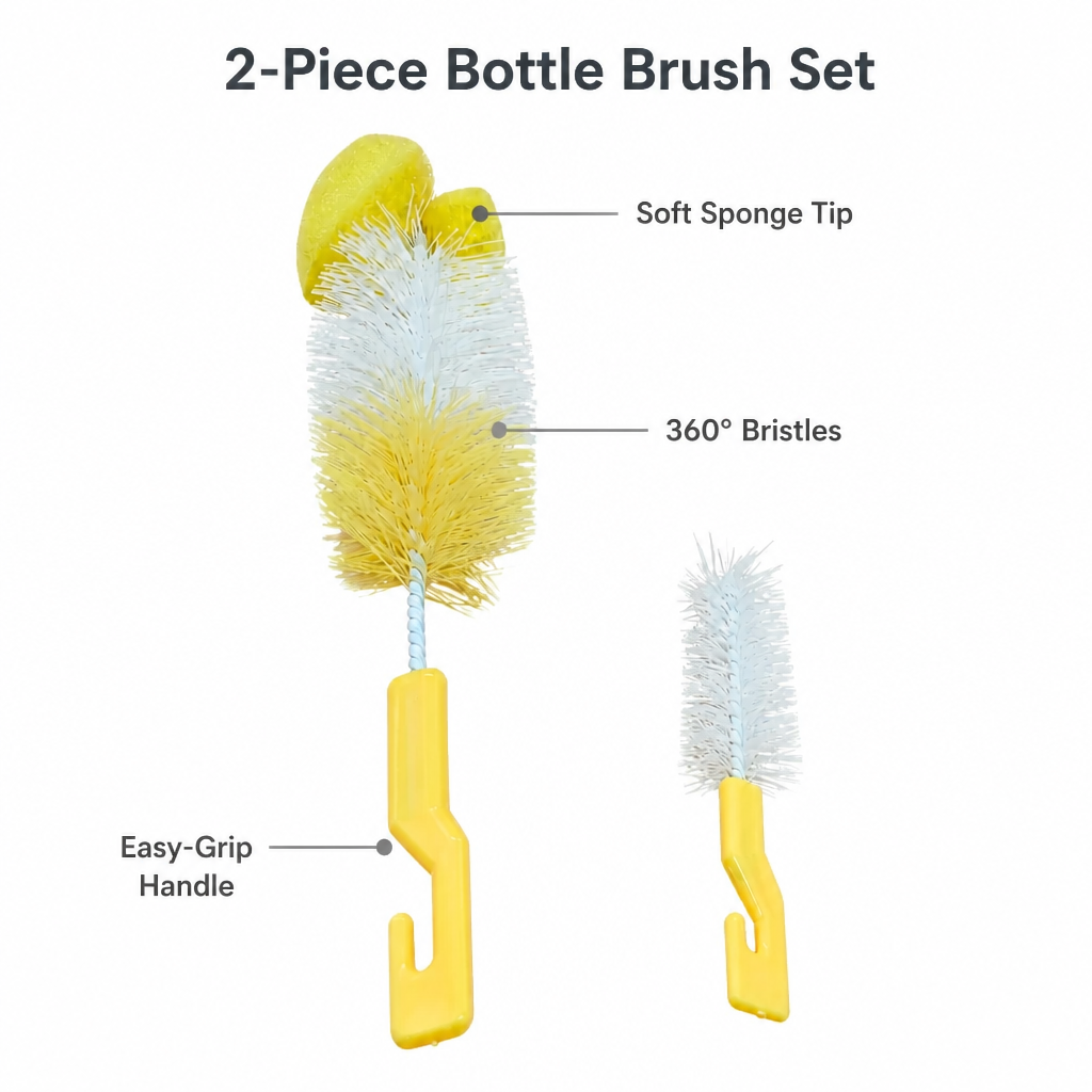 Kids Boon 2-in-1 Baby Bottle & Nipple Cleaning Brush Set with Sponge Tip (Yellow)