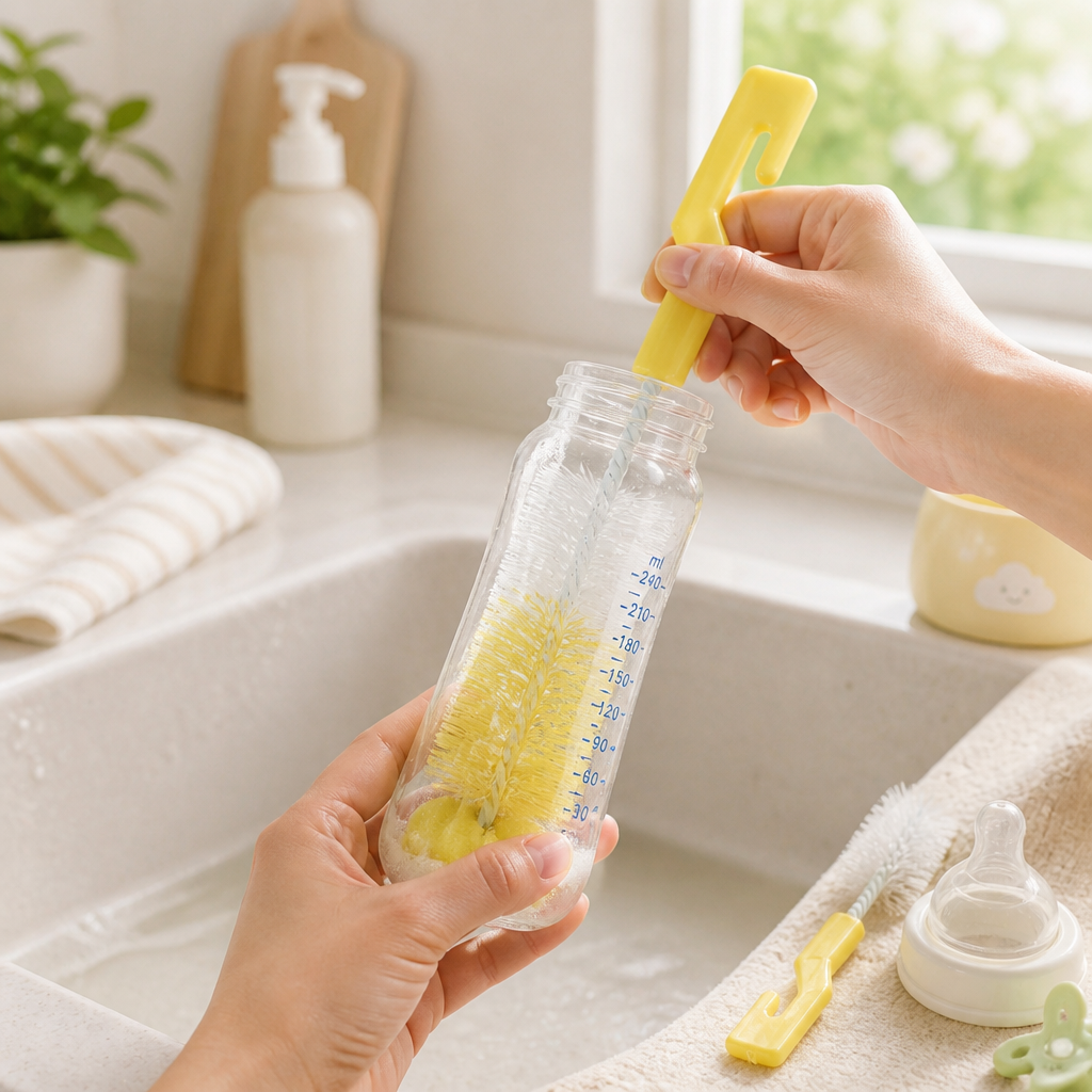 Kids Boon 2-in-1 Baby Bottle & Nipple Cleaning Brush Set with Sponge Tip (Yellow)