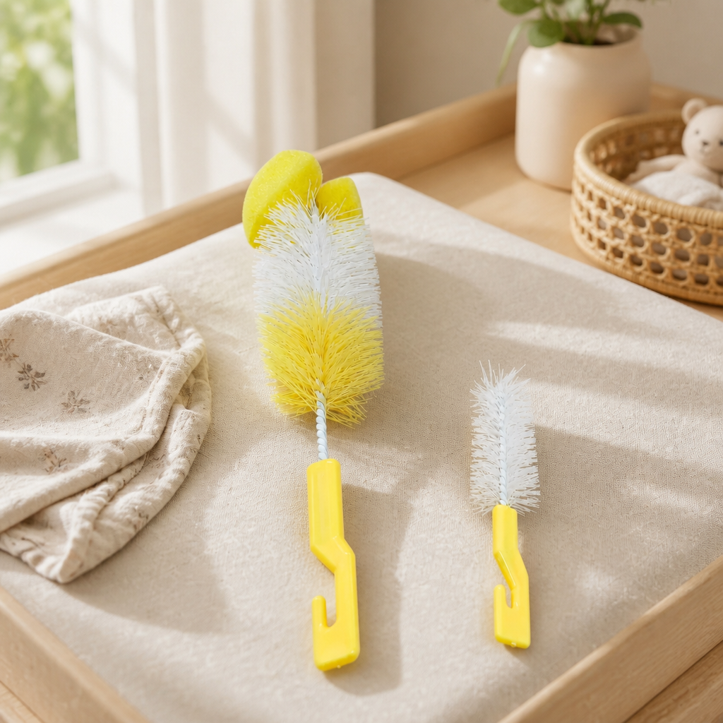 Kids Boon 2-in-1 Baby Bottle & Nipple Cleaning Brush Set with Sponge Tip (Yellow)
