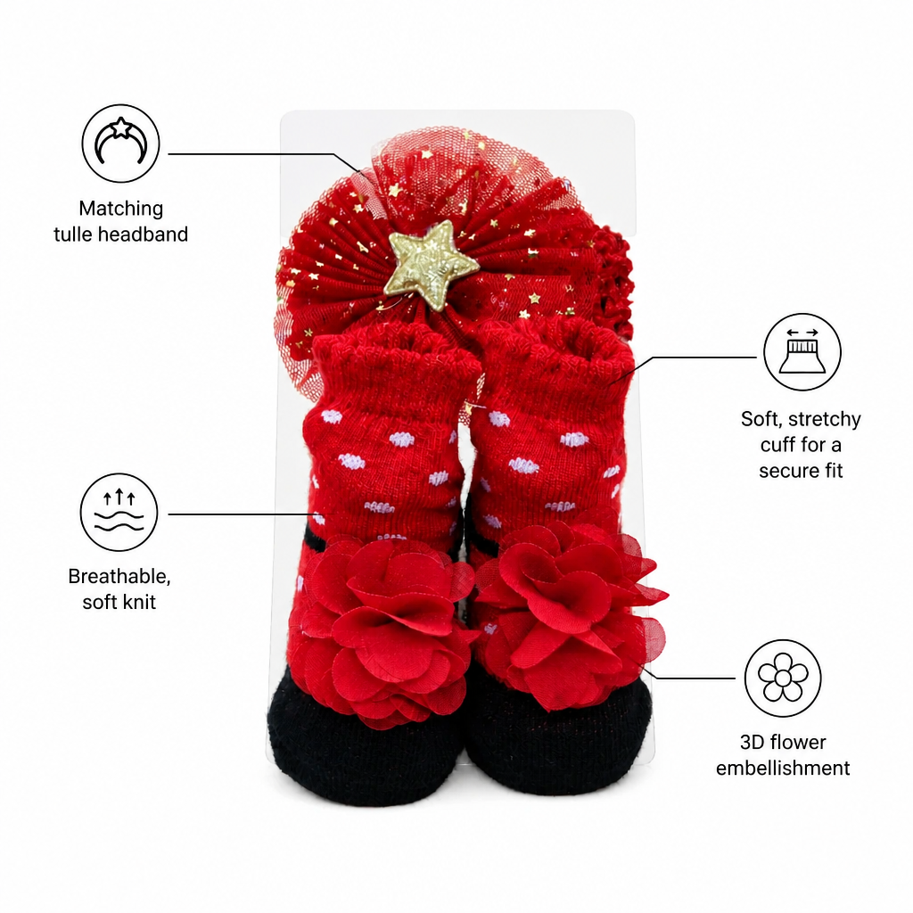 Kids Boon Adorable Red Floral Baby Socks and Star Headband Set