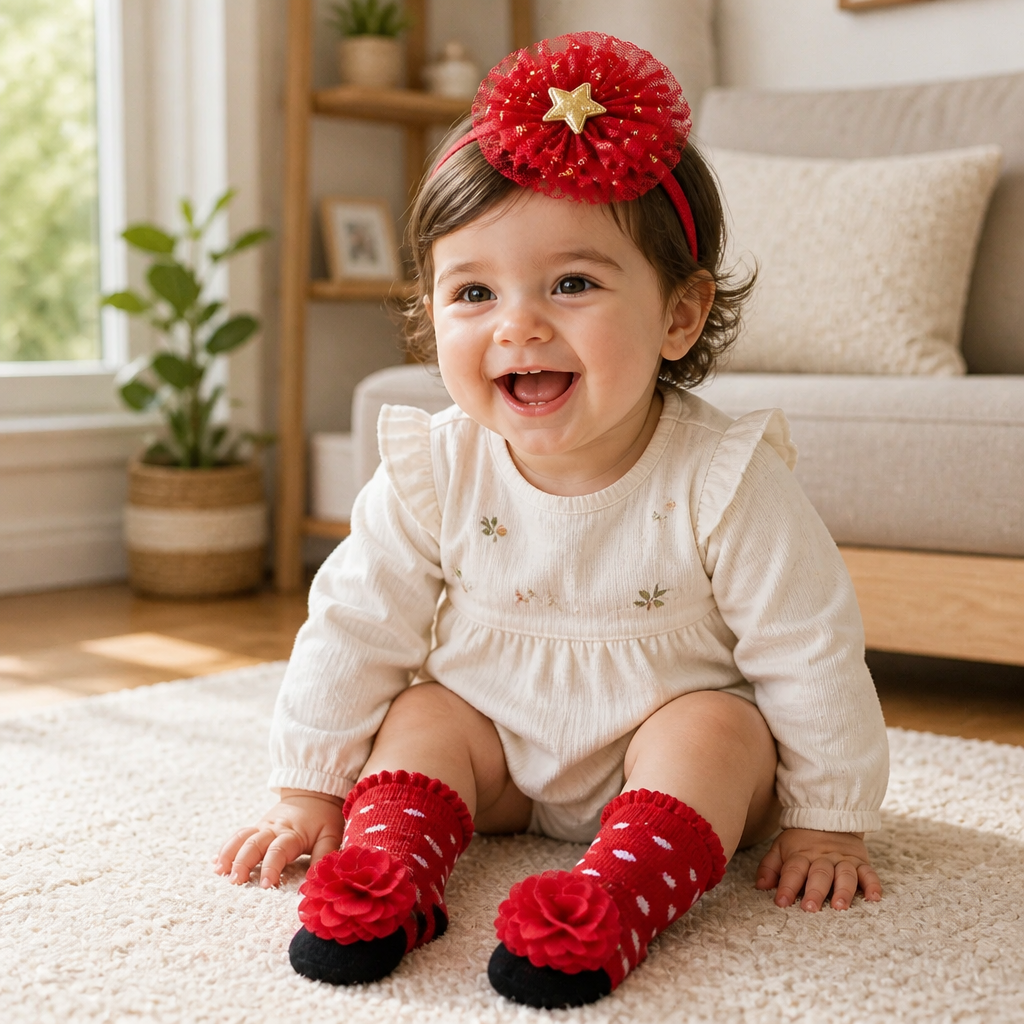 Kids Boon Adorable Red Floral Baby Socks and Star Headband Set