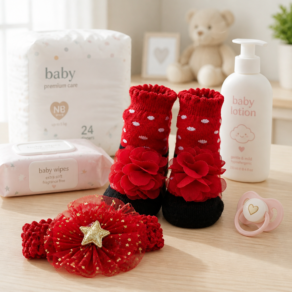 Kids Boon Adorable Red Floral Baby Socks and Star Headband Set