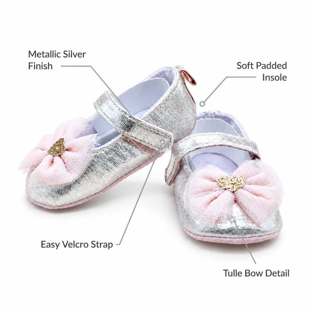 Kids Boon Silver Metallic Baby Girl Mary Jane Shoes with Pink Tulle Bow – Soft Sole Pre-Walker