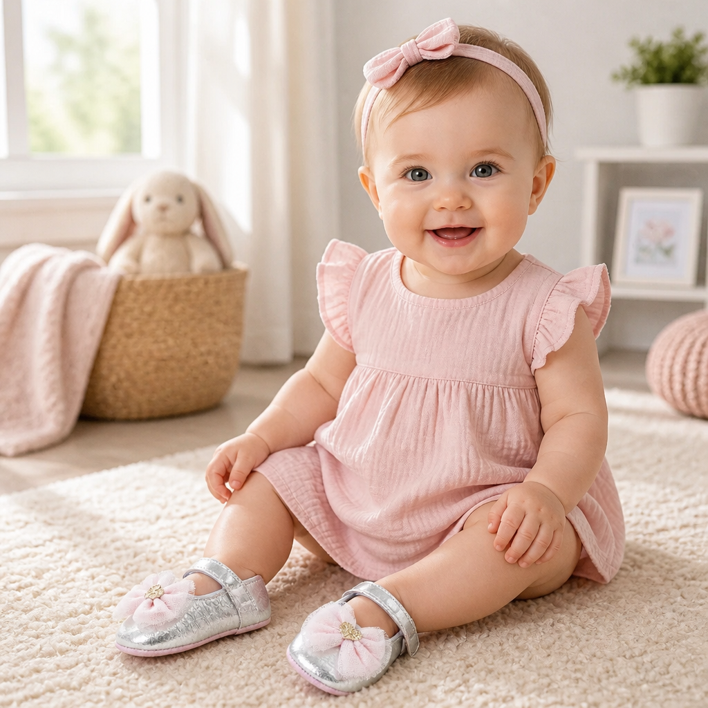 Kids Boon Silver Metallic Baby Girl Mary Jane Shoes with Pink Tulle Bow – Soft Sole Pre-Walker