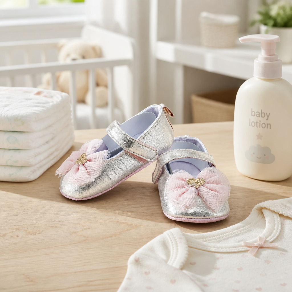 Kids Boon Silver Metallic Baby Girl Mary Jane Shoes with Pink Tulle Bow – Soft Sole Pre-Walker