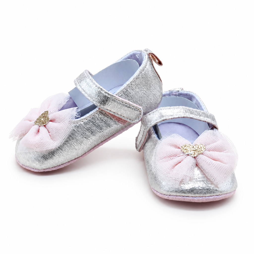 Kids Boon Silver Metallic Baby Girl Mary Jane Shoes with Pink Tulle Bow – Soft Sole Pre-Walker