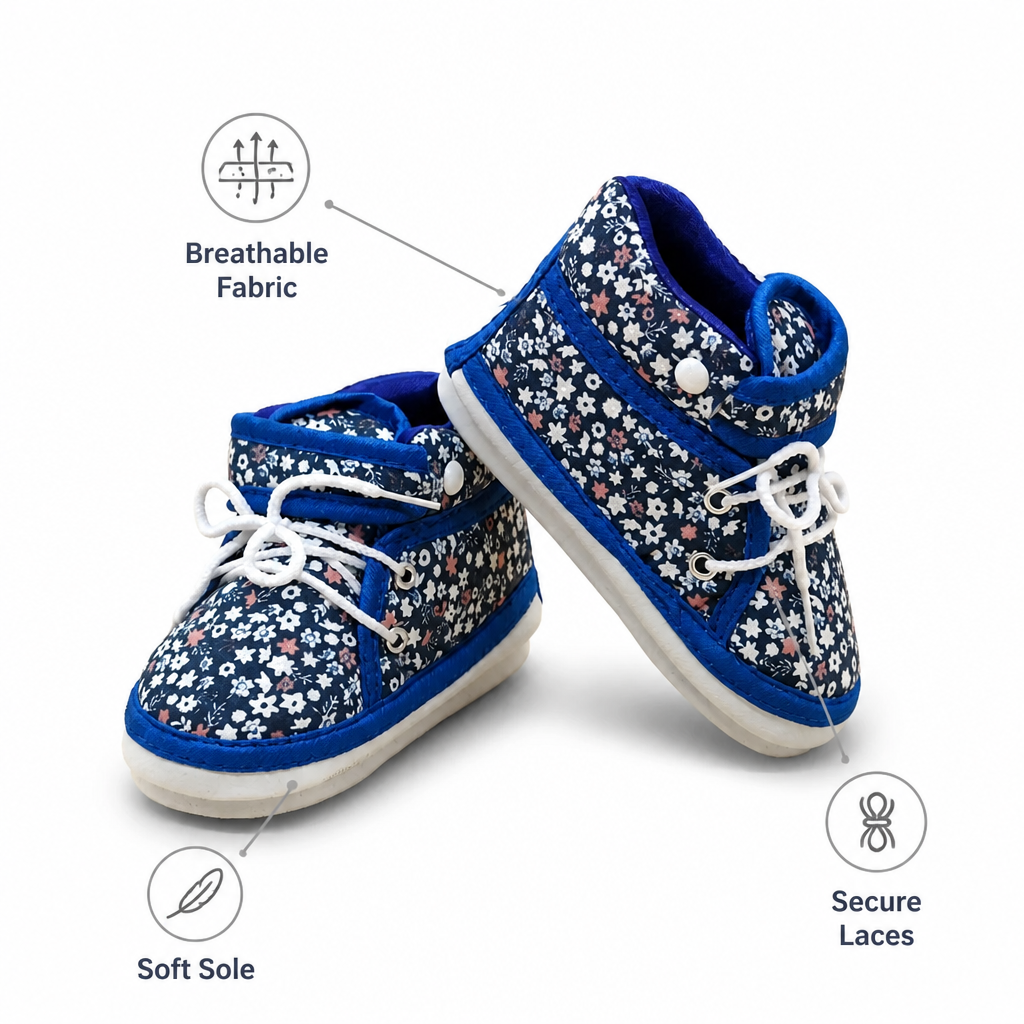 Kids Boon Blue Floral Soft Sole Baby Booties – Lace-Up Infant Sneakers