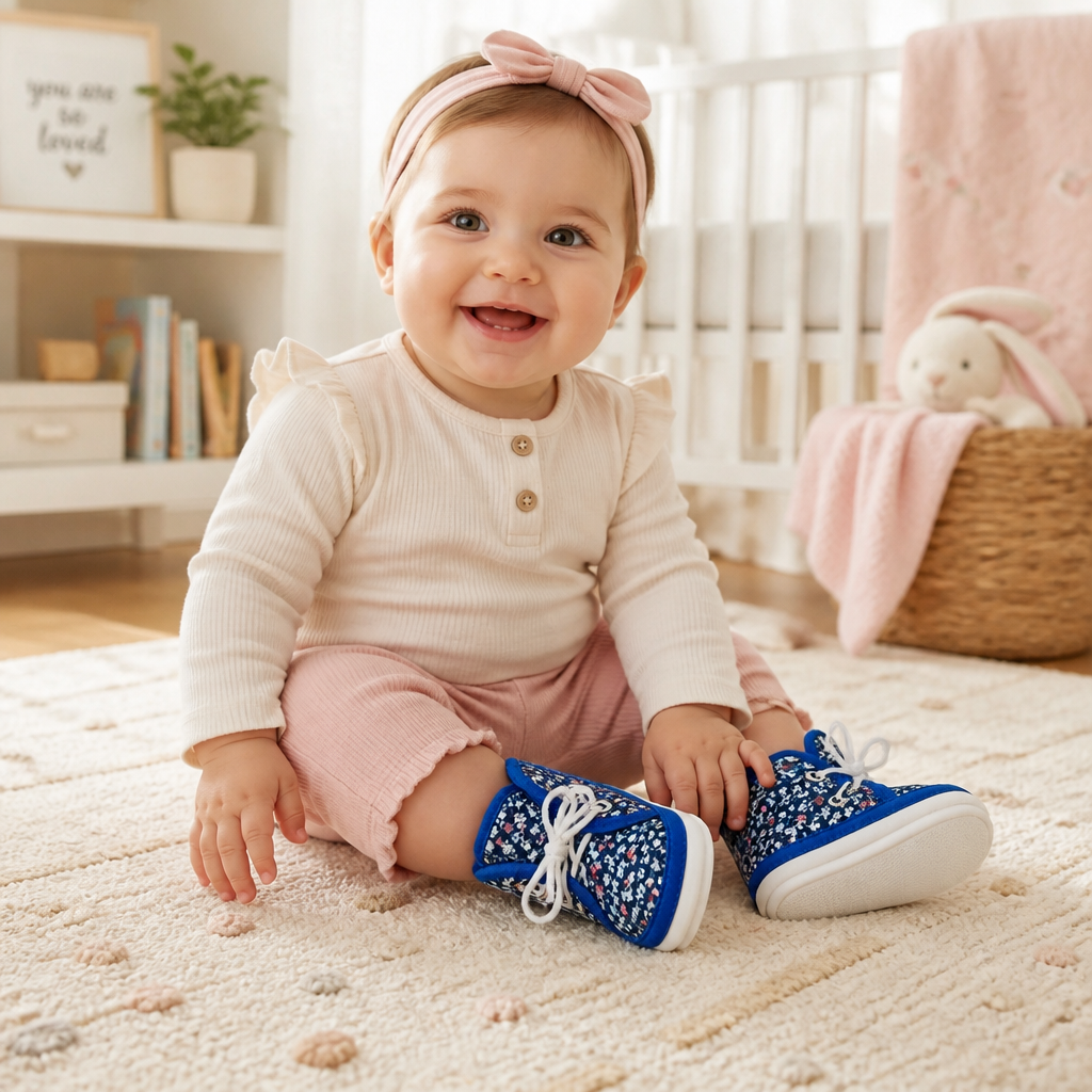 Kids Boon Blue Floral Soft Sole Baby Booties – Lace-Up Infant Sneakers