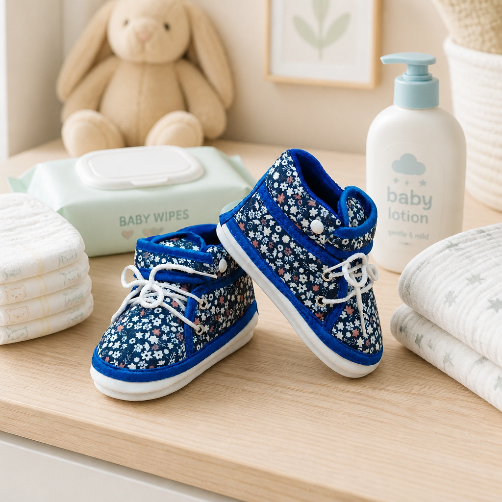 Kids Boon Blue Floral Soft Sole Baby Booties – Lace-Up Infant Sneakers