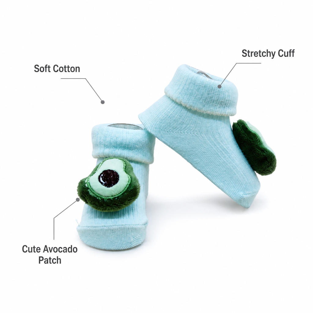 Kids Boon 3D Plush Avocado Baby Socks | Soft Light Blue Infant Booties