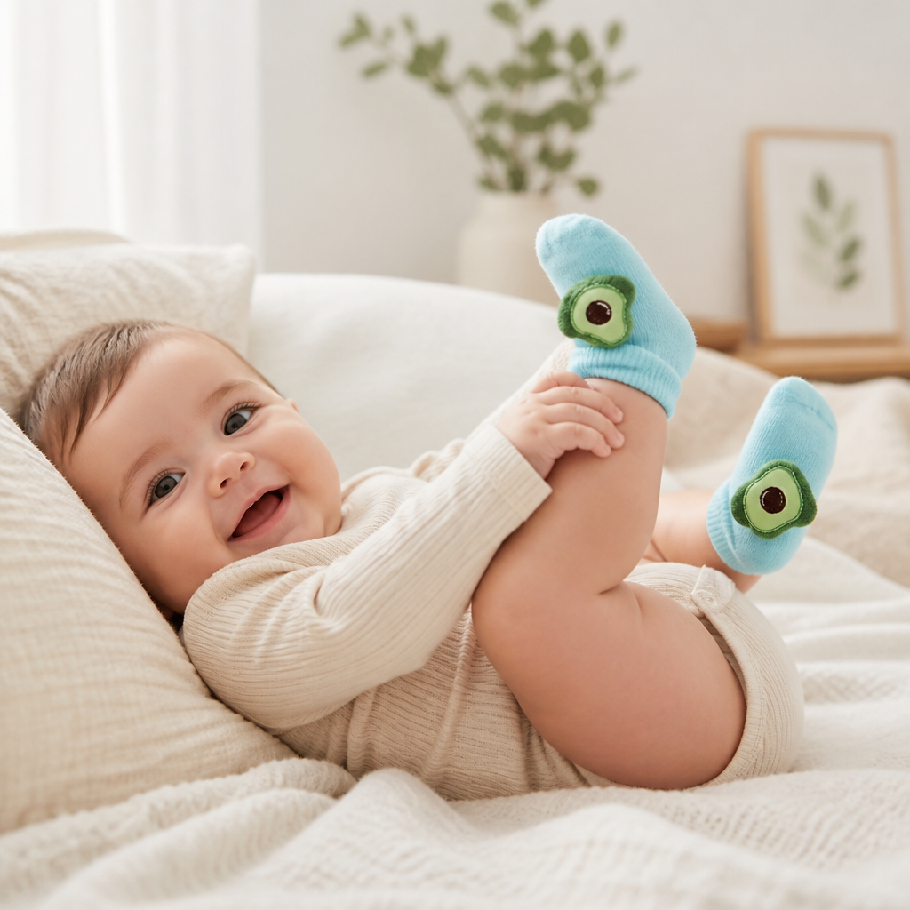 Kids Boon 3D Plush Avocado Baby Socks | Soft Light Blue Infant Booties