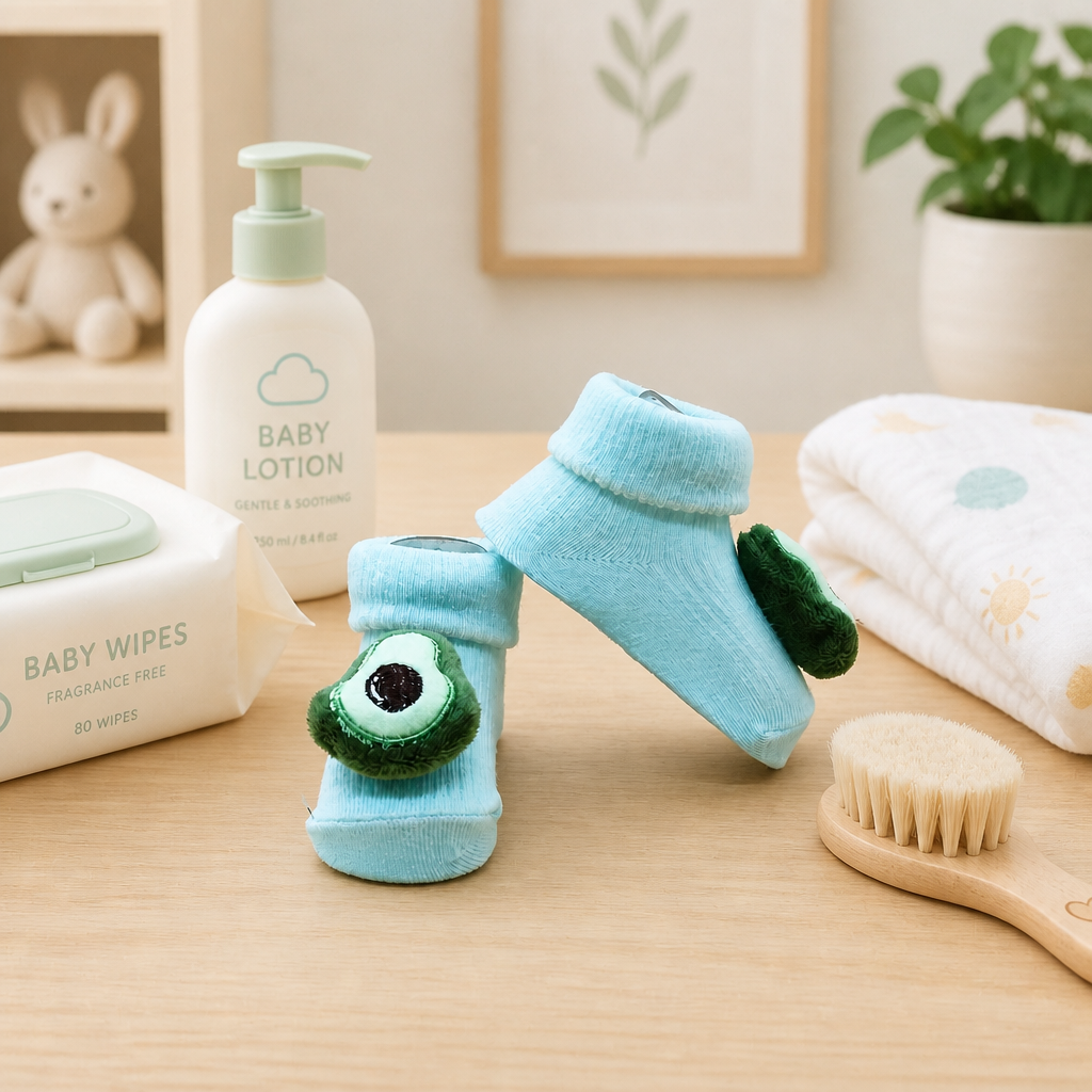 Kids Boon 3D Plush Avocado Baby Socks | Soft Light Blue Infant Booties