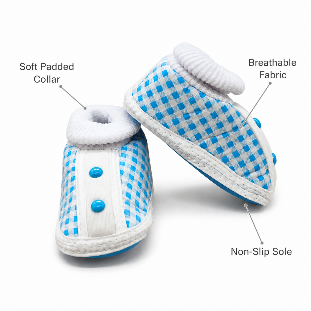 Kids Boon Blue Checkered Baby Booties | Soft Sole Infant Crib Shoes